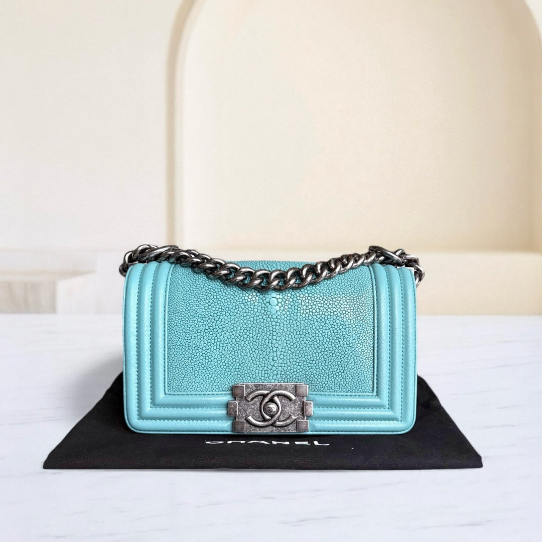 Chanel Boy Small - Stingray Light Blue Ruthenium Silver Hardware Series 22