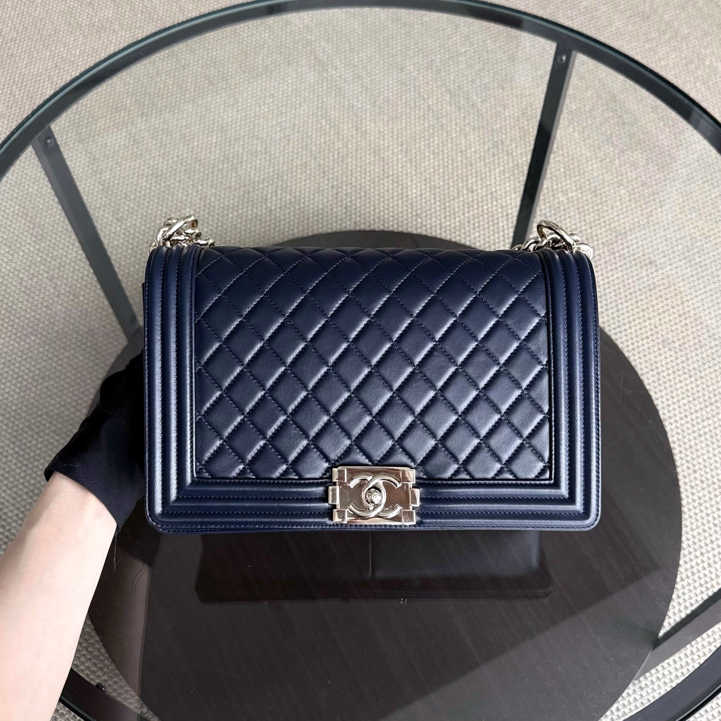 Chanel Boy New Medium - 28CM Quilted Lambskin Dark Blue Gold Hardware Series 22