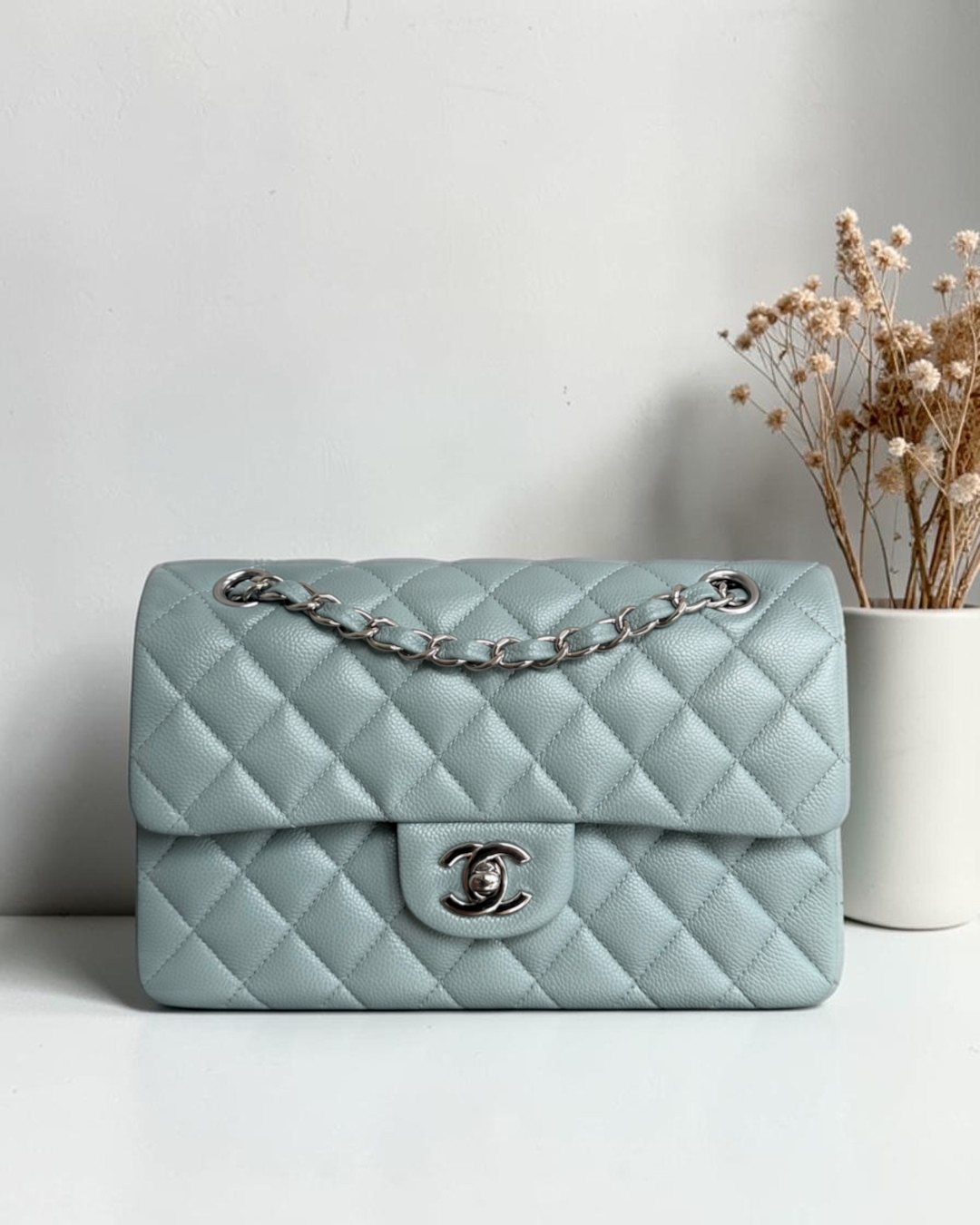 Luxury Evermore light blue quilted caviar leather Chanel classic flap bag with silver-tone hardware and chain strap