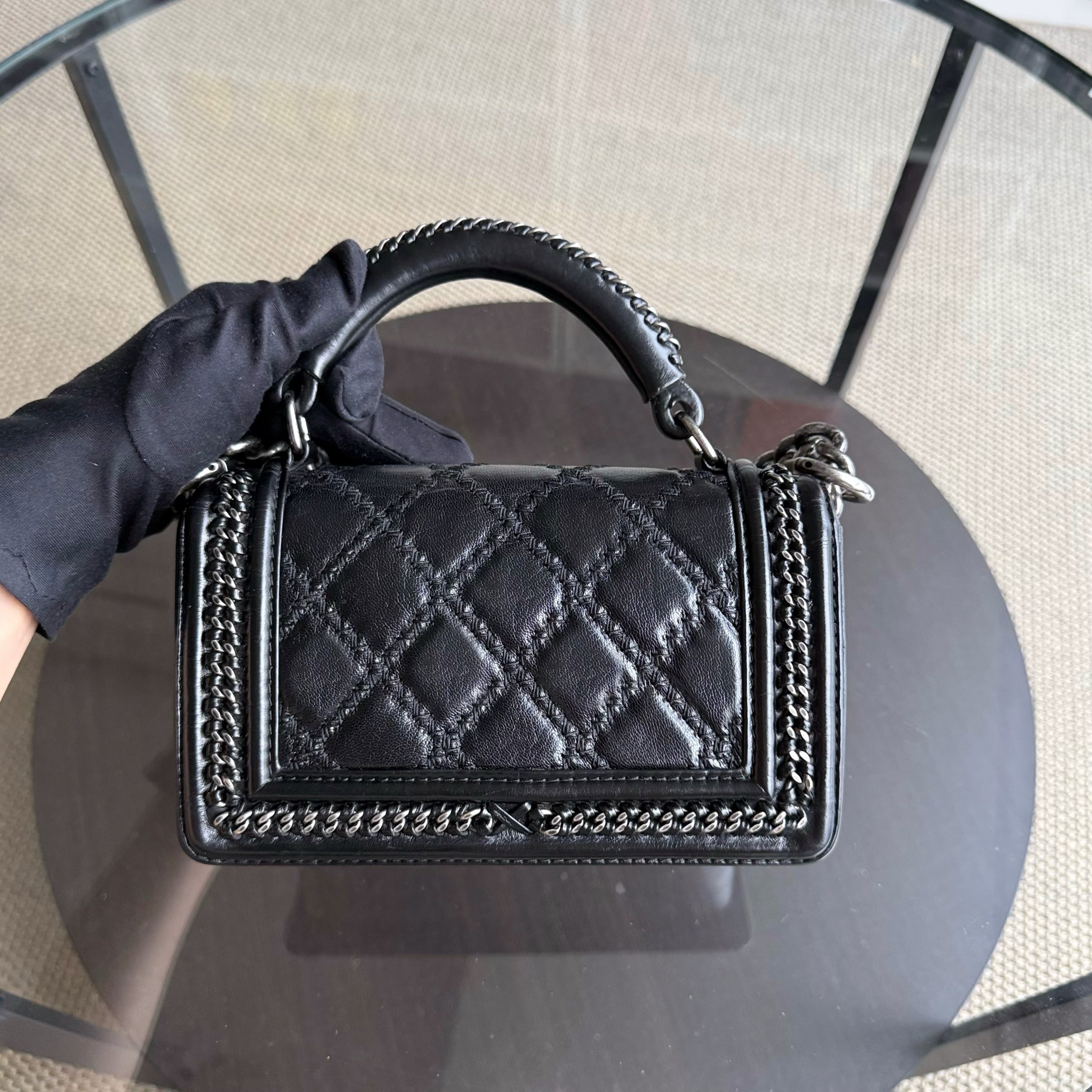 Chanel Boy Small Handle - 20CM Calfskin Chain Around Top Handle Limited Edition Black Ruthenium Silver Hardware Series 21