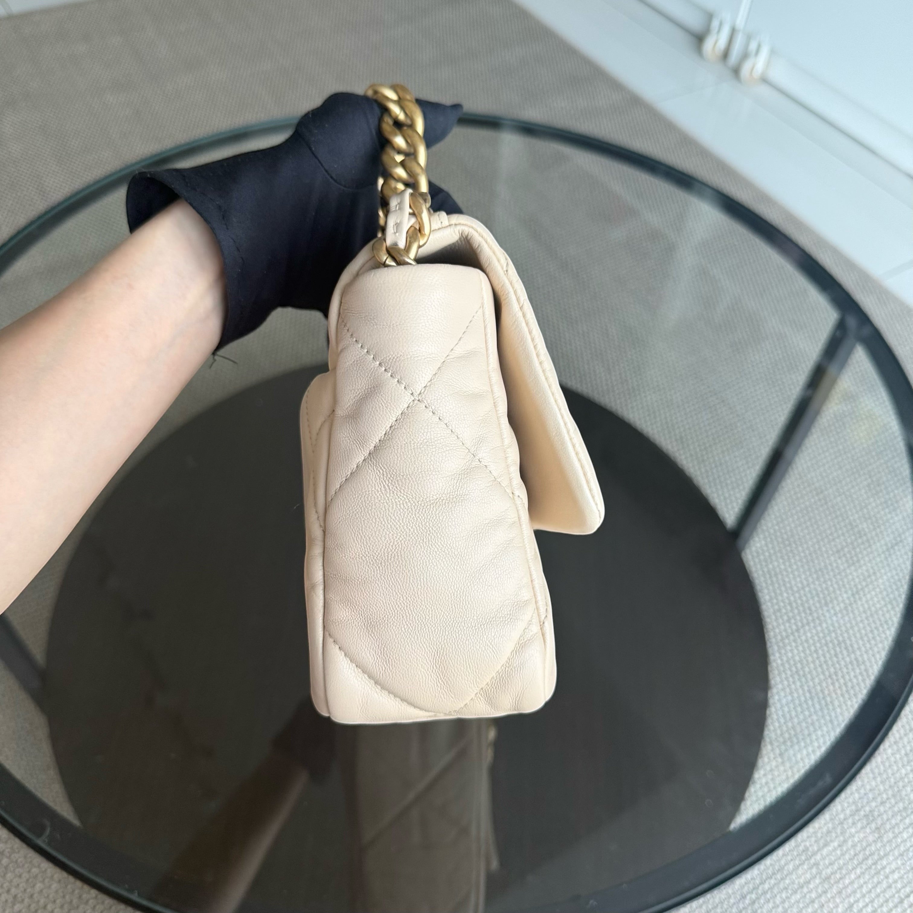 Chanel 19 Bag  Small- C19 Quilted Goatskin Light Beige Cream Two-tone Hardware Series 30