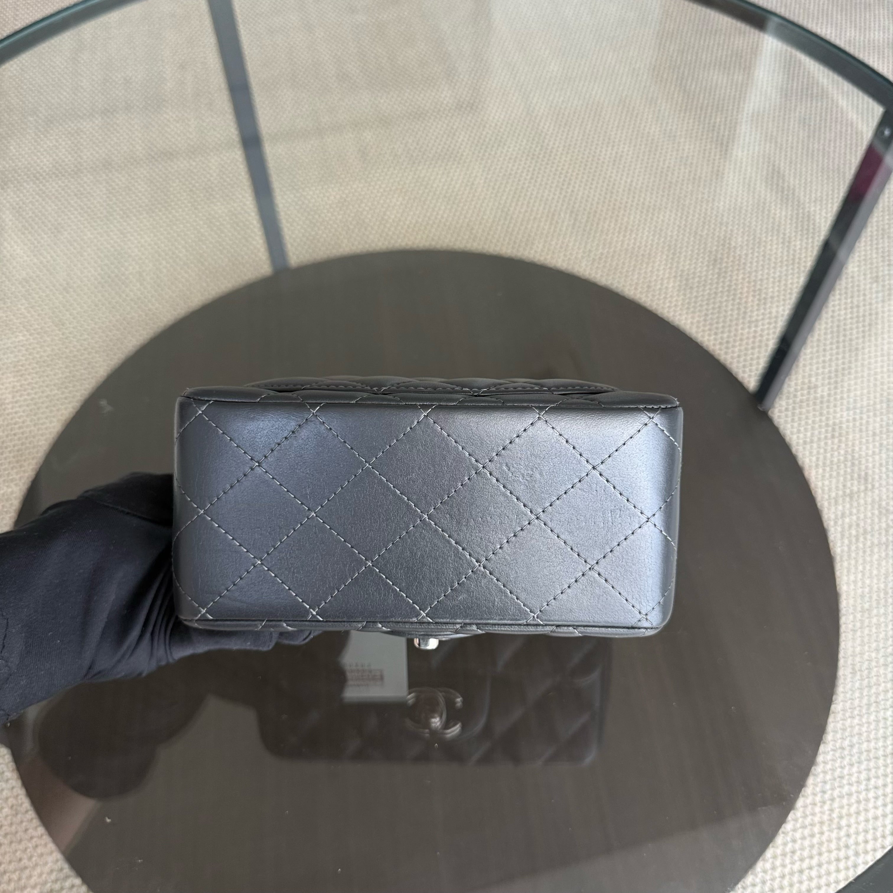Chanel Classic Flap Mini Square - 17CM Quilted Lambskin Dark Gray Grey Gold Hardware Series 16
