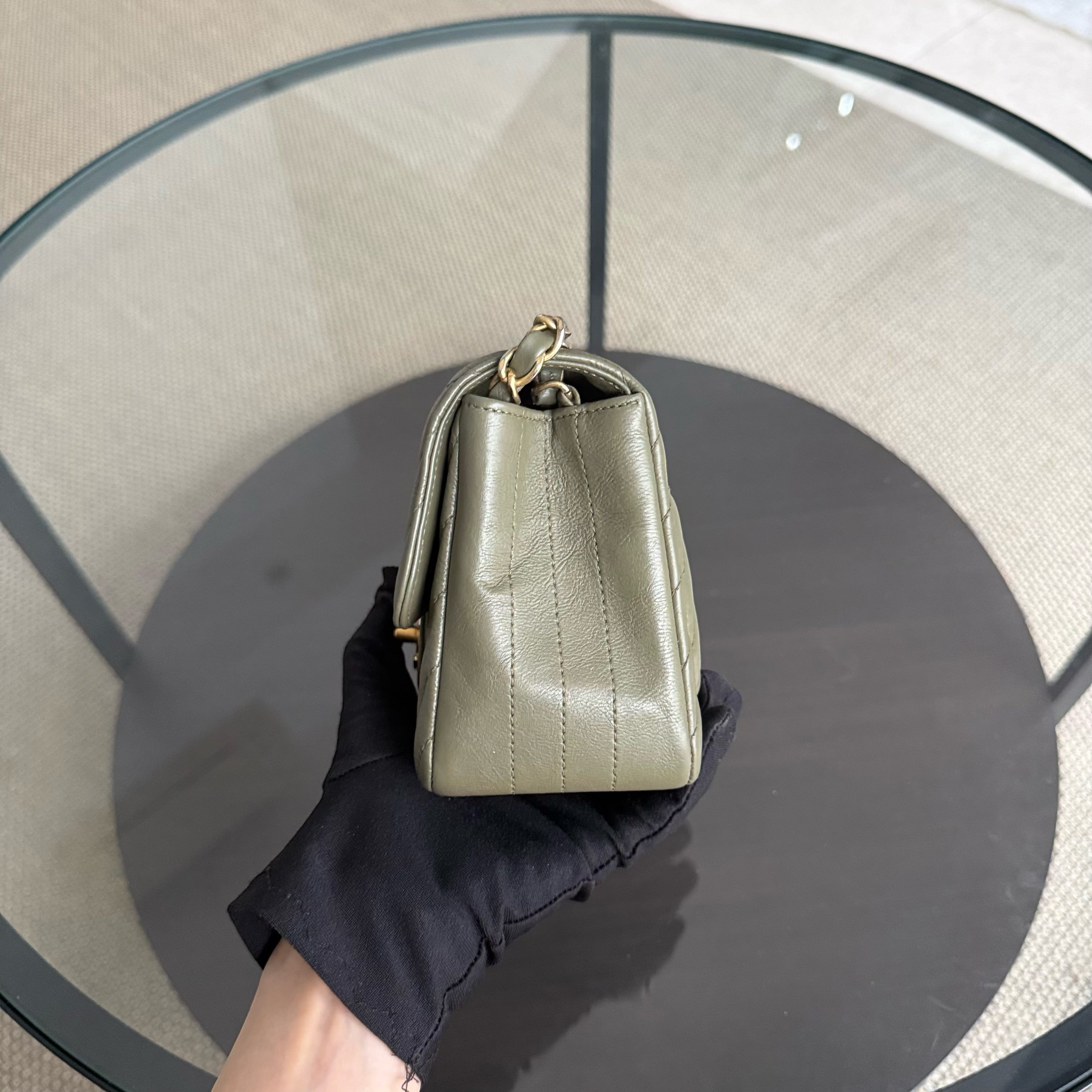 Chanel Classic Flap Mini Square - Calfskin Quilted Olive Green Gold Hardware Series 23