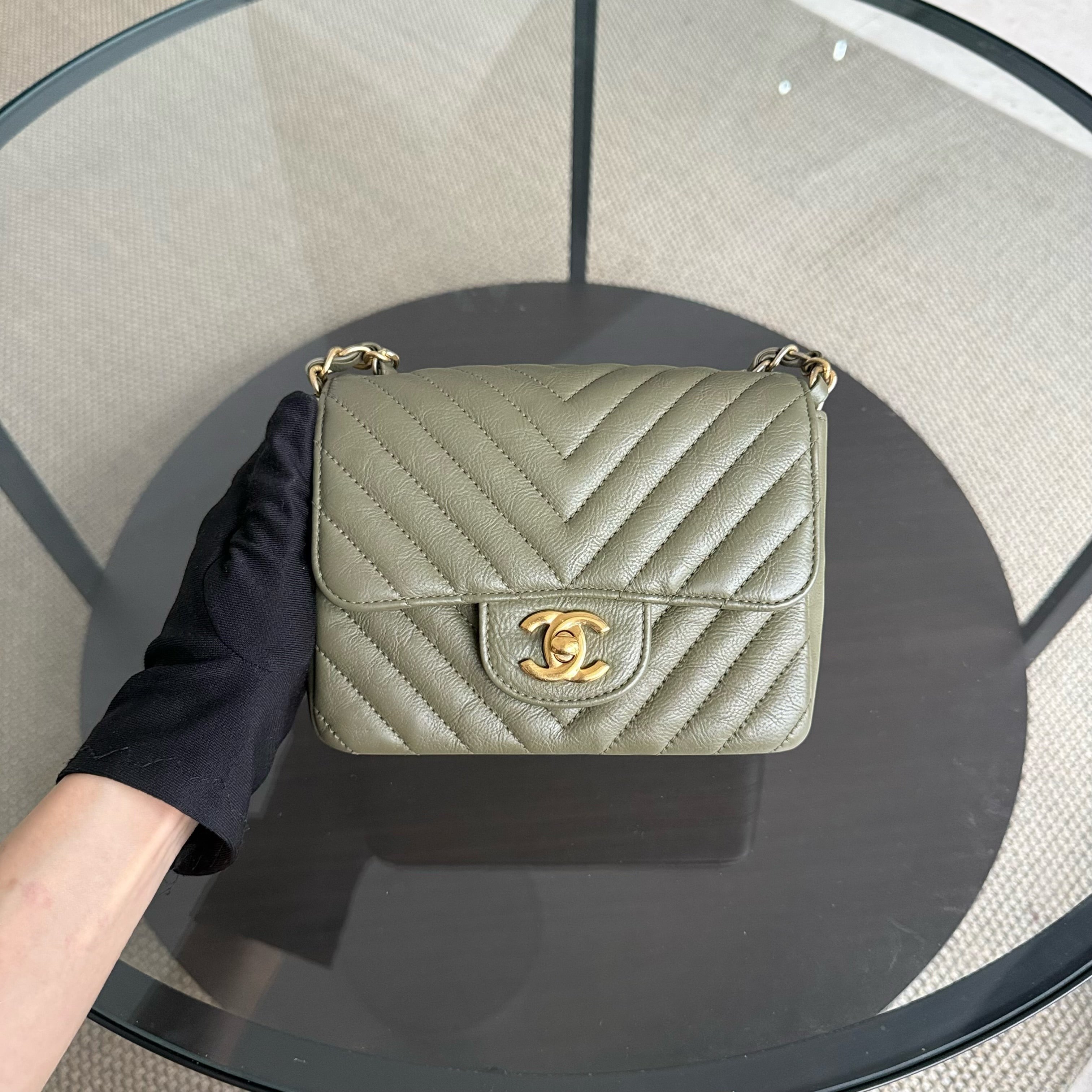 Chanel Classic Flap Mini Square - Calfskin Quilted Olive Green Gold Hardware Series 23
