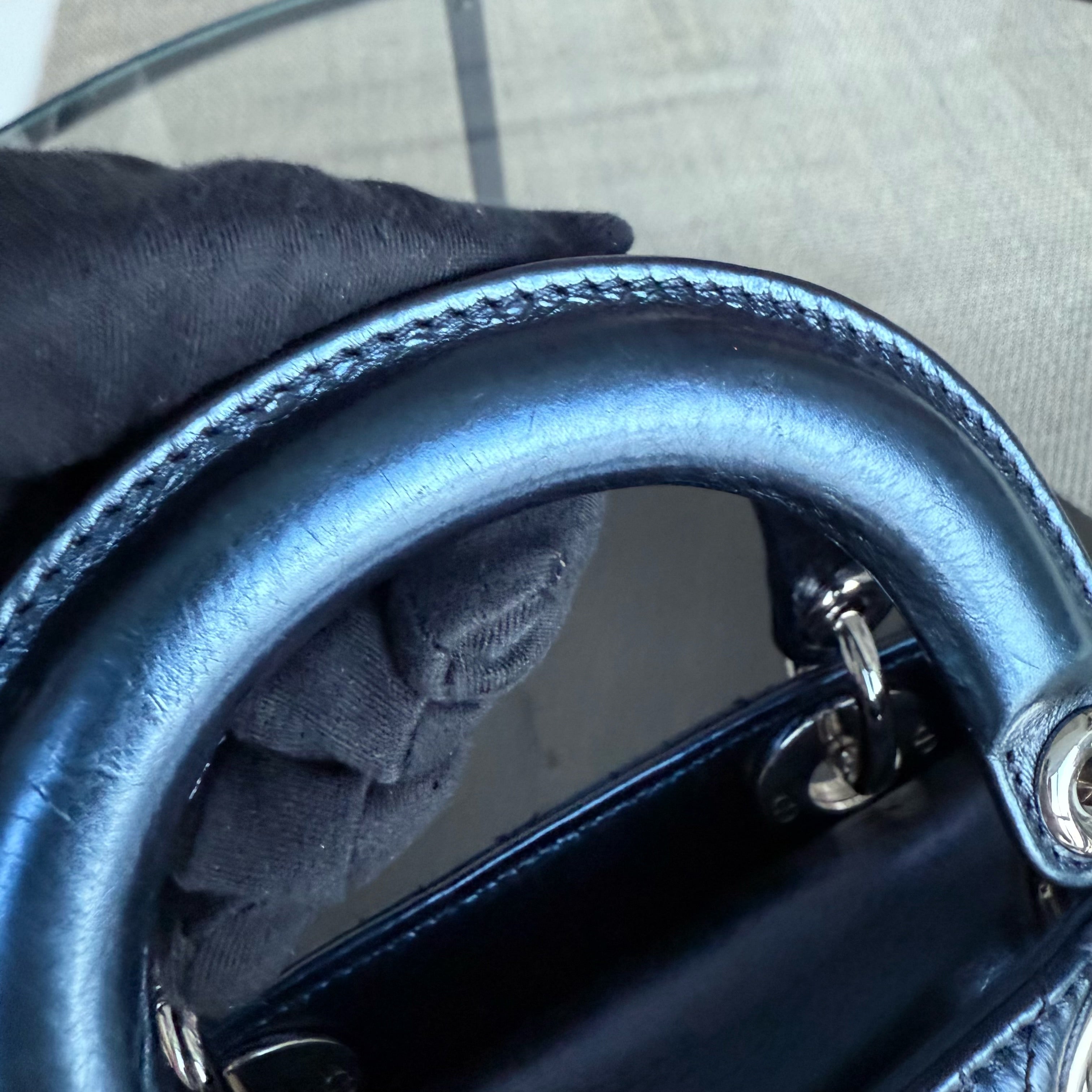 Dior Lady Mini - Cannage Glazed Calfskin Metallic Blue Silver Hardware