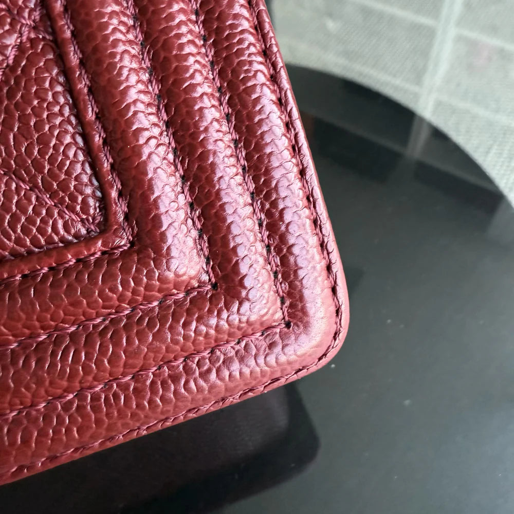Chanel Boy Medium - 28CM Caviar Quilted Grained Calfskin Burgundy Dark Red Silver Hardware Series 19