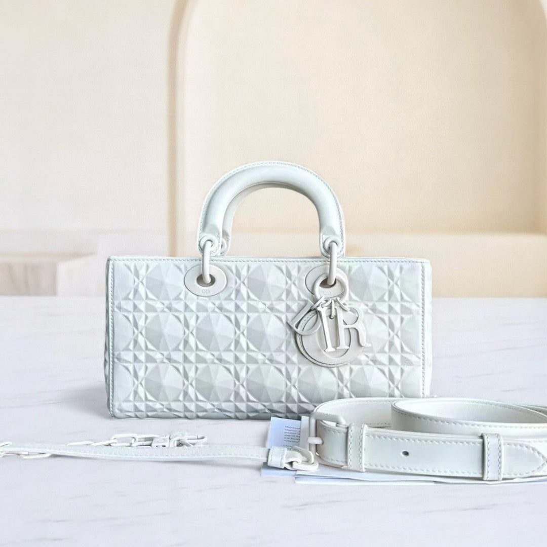Dior D-Joy Medium Latte Cannage Calfskin Dimond Motif White