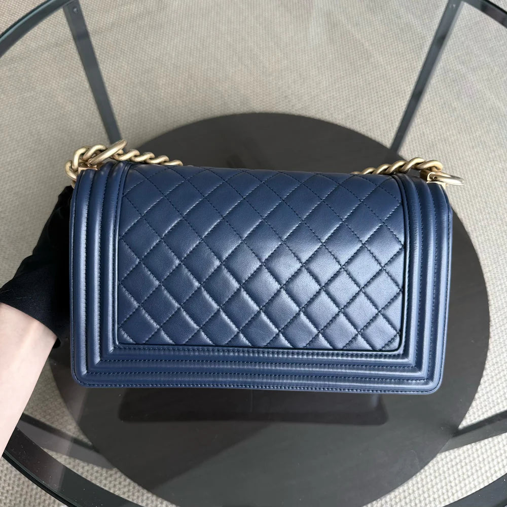 Chanel Boy Medium - 25CM Quilted Lambskin Dark Blue Gold Hardware Series 21