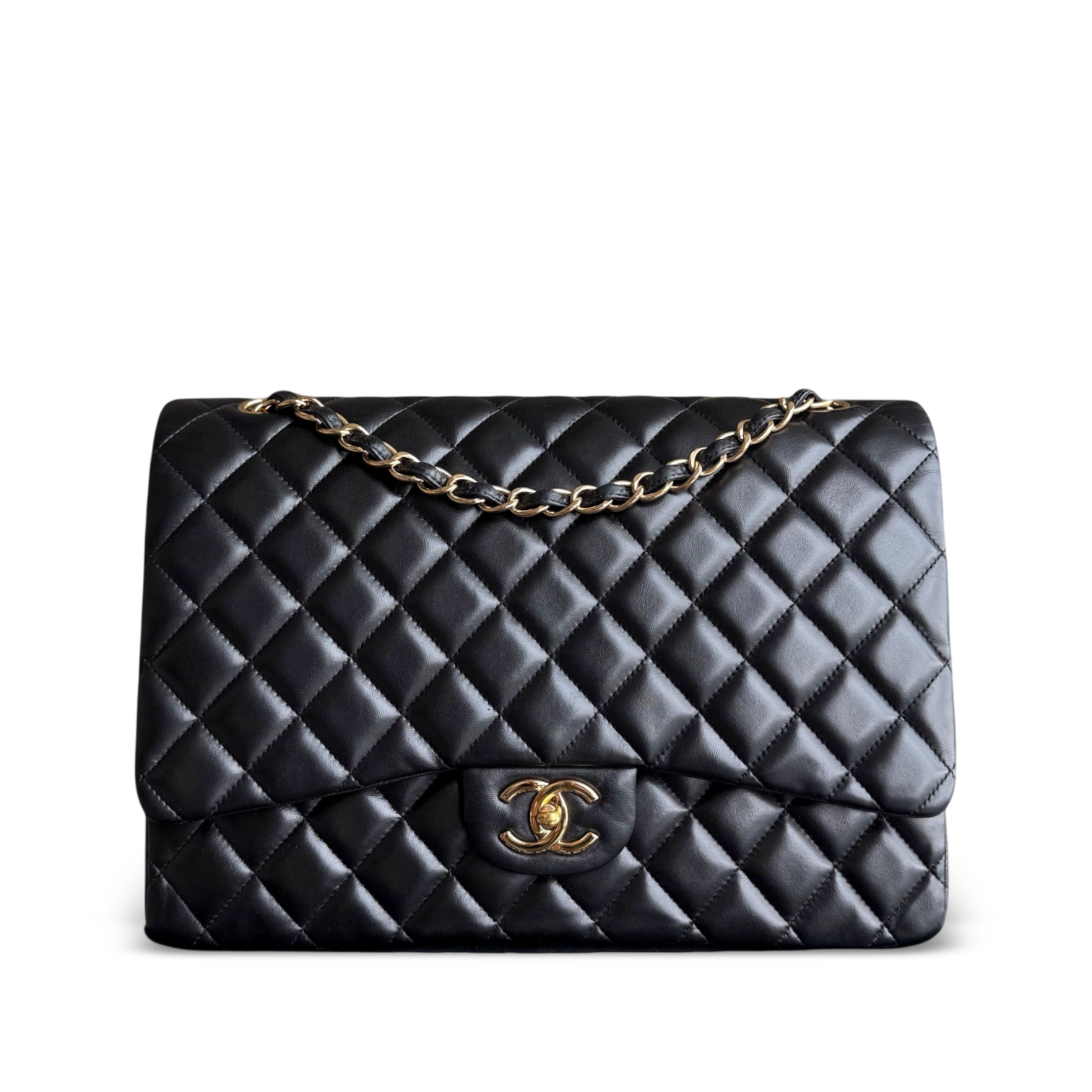 Chanel Classic Flap Maxi - Double Flap Quilted Lambskin Black Gold Hardware Series 15