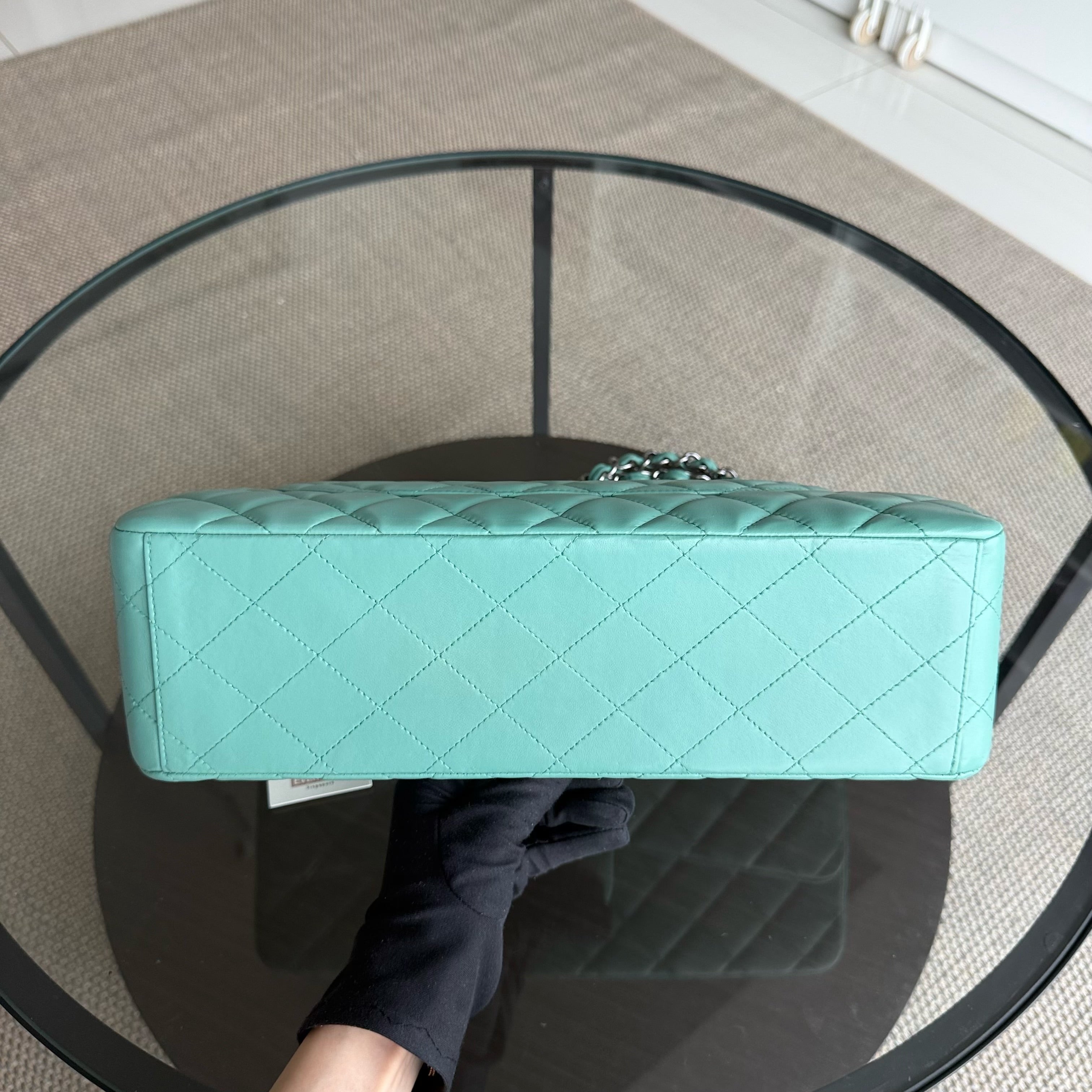 Chanel Classic Flap Maxi - 33CM Quilted Single Flap Lambskin Tiffiny Blue Silver Hardware Series 13