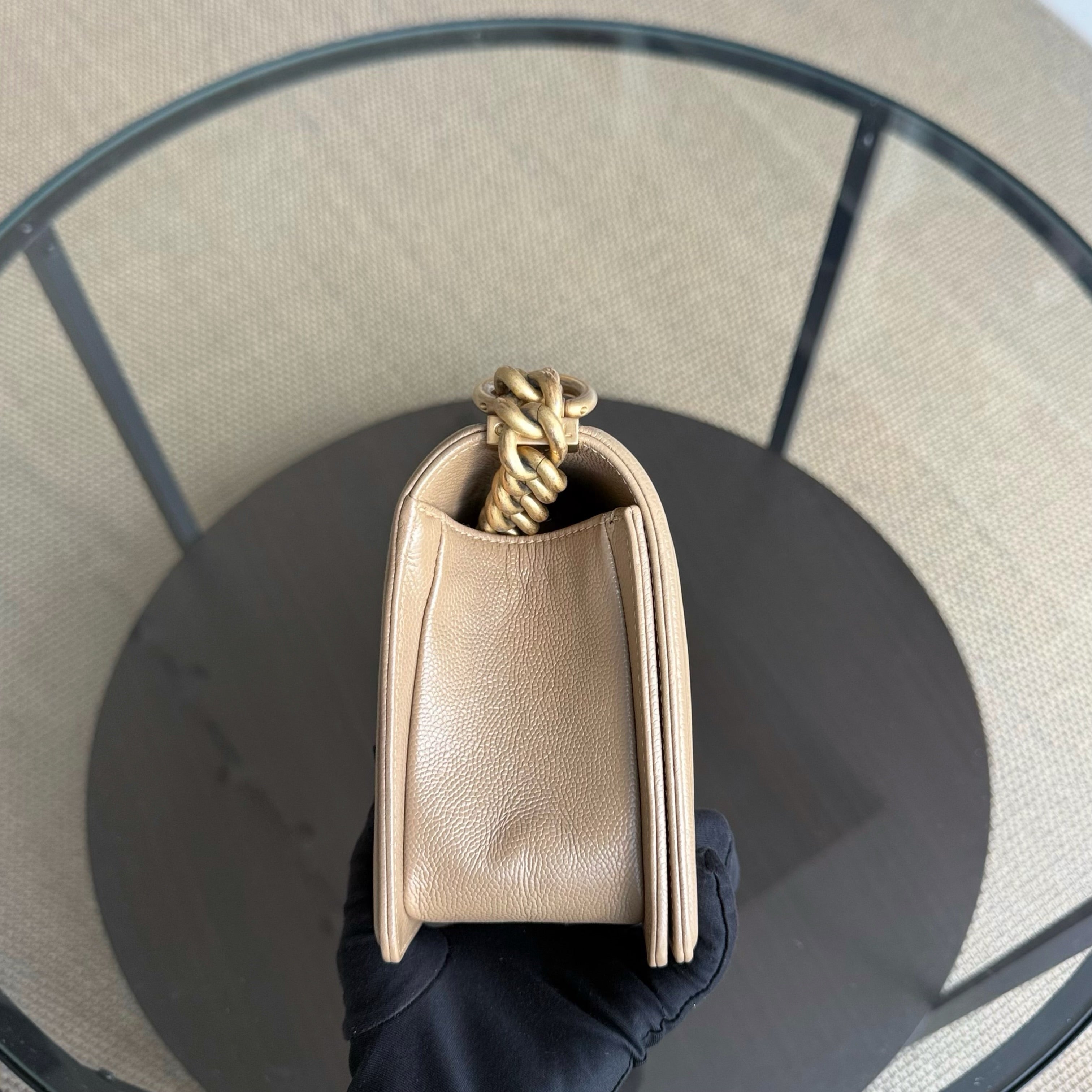 Chanel Boy Medium - Caviar 25CM Chevron Grained Calfskin Beige Gold Hardware Series 25