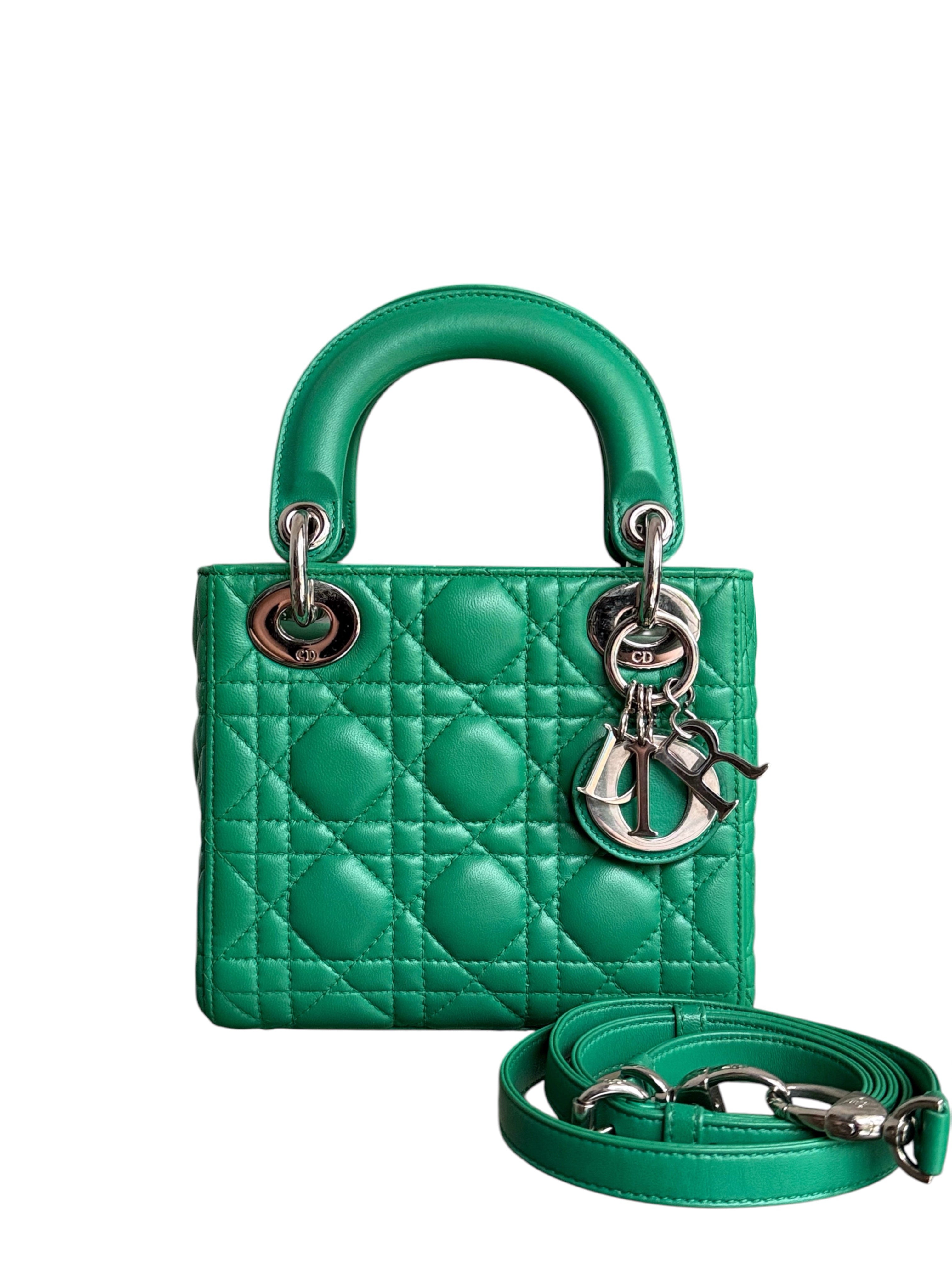 Dior Lady Mini - Cannage Lambskin Emerald Green Silver Hardware Adjustable Strap