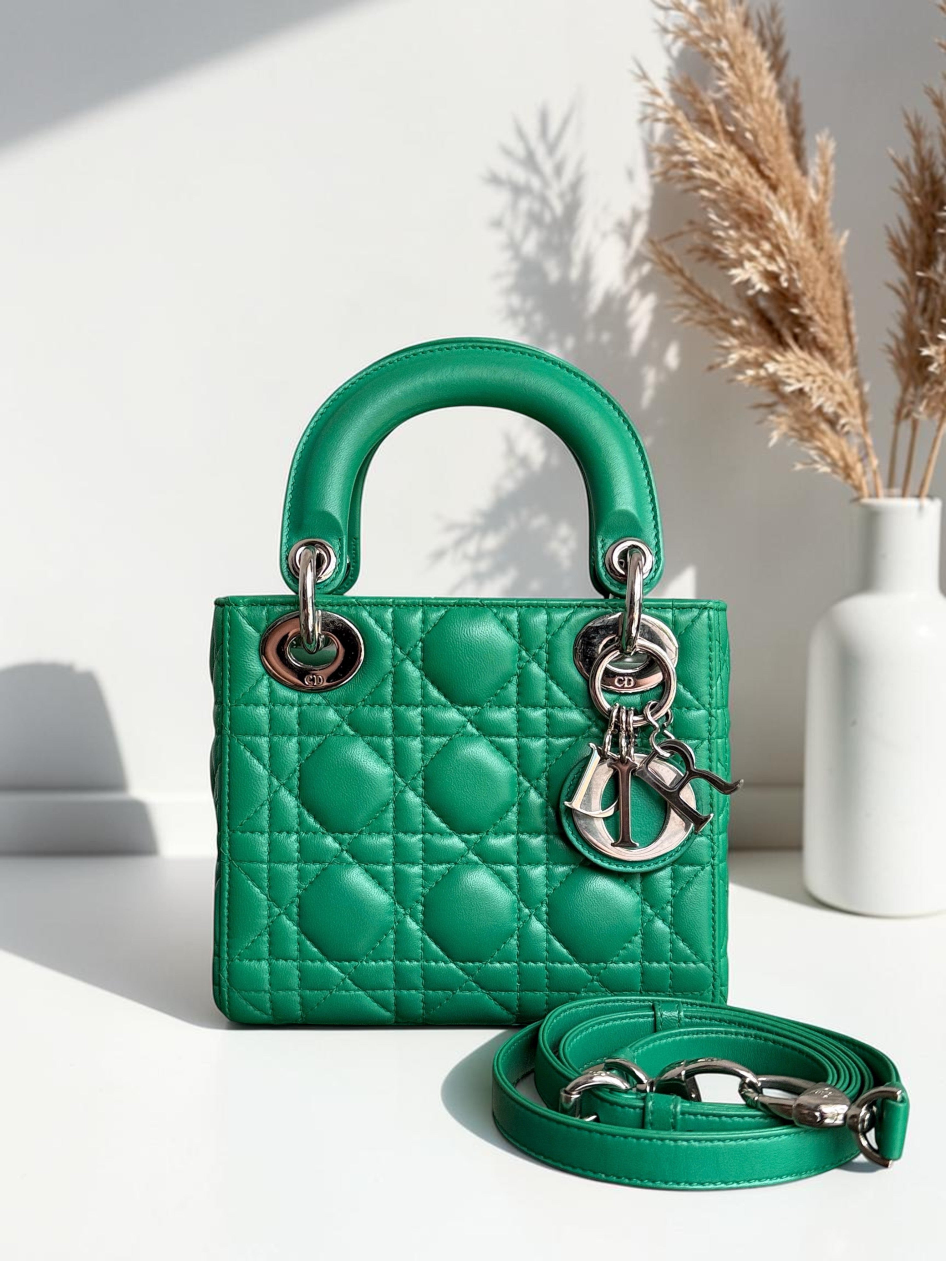 Dior Lady Mini - Cannage Lambskin Emerald Green Silver Hardware Adjustable Strap