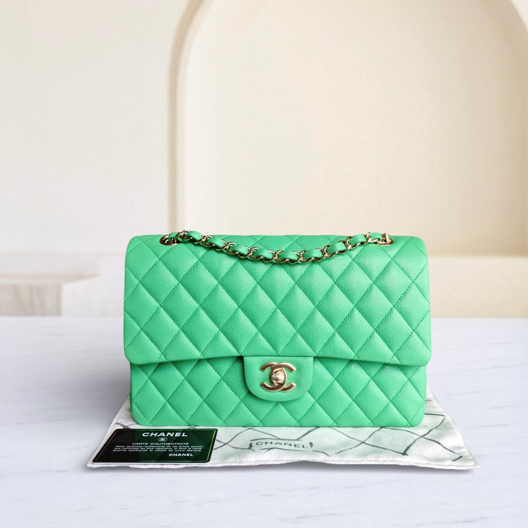 Chanel Classic Flap Medium - Caviar 25CM Quilted Green Gold Hardware Microchip