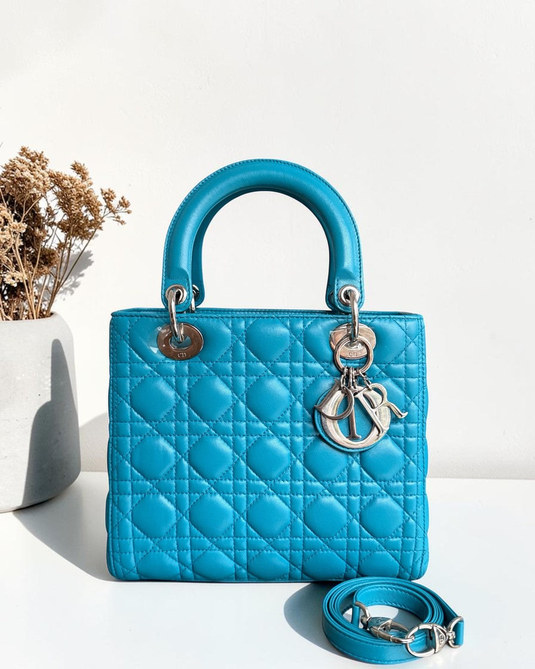 Dior Lady Medium - Cannage Lambskin Blue Silver Hardware