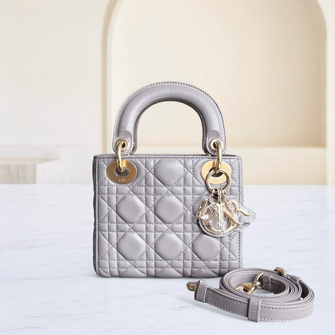 Dior Lady Mini - Cannage Lambskin Grey Gray Gold Hardware Adjustable Strap
