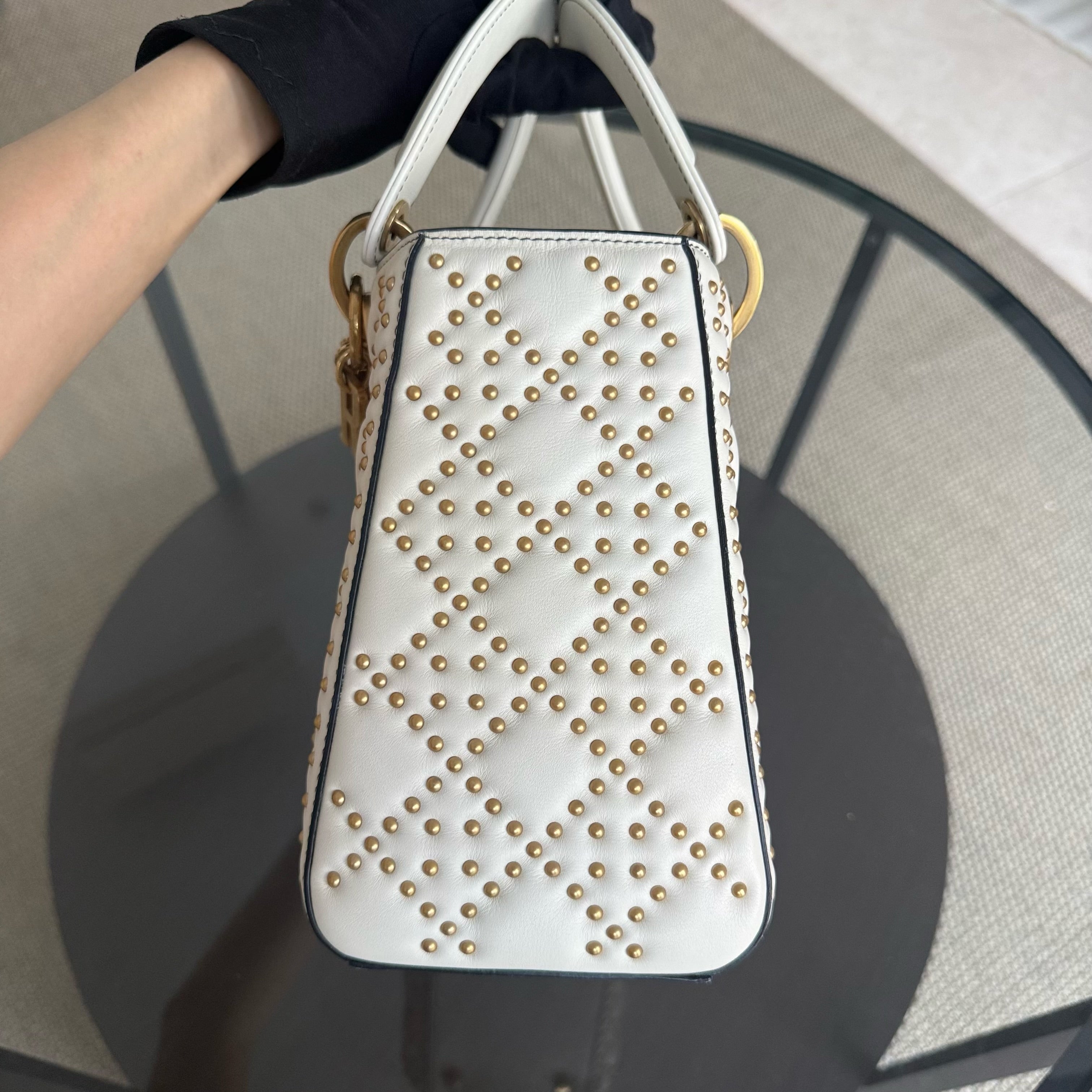 Dior Lady Medium Flap - Studded Cannage Calfskin White Gold Hardware