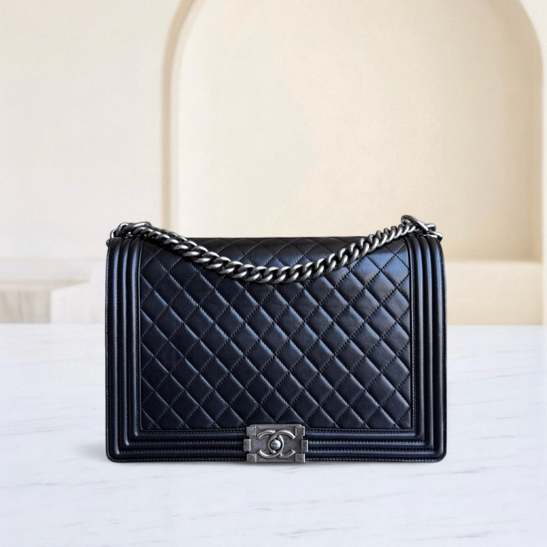 Chanel Boy Large - 30CM Quilted Lambskin Large Black Ruthenium Silver Hardware Series 16