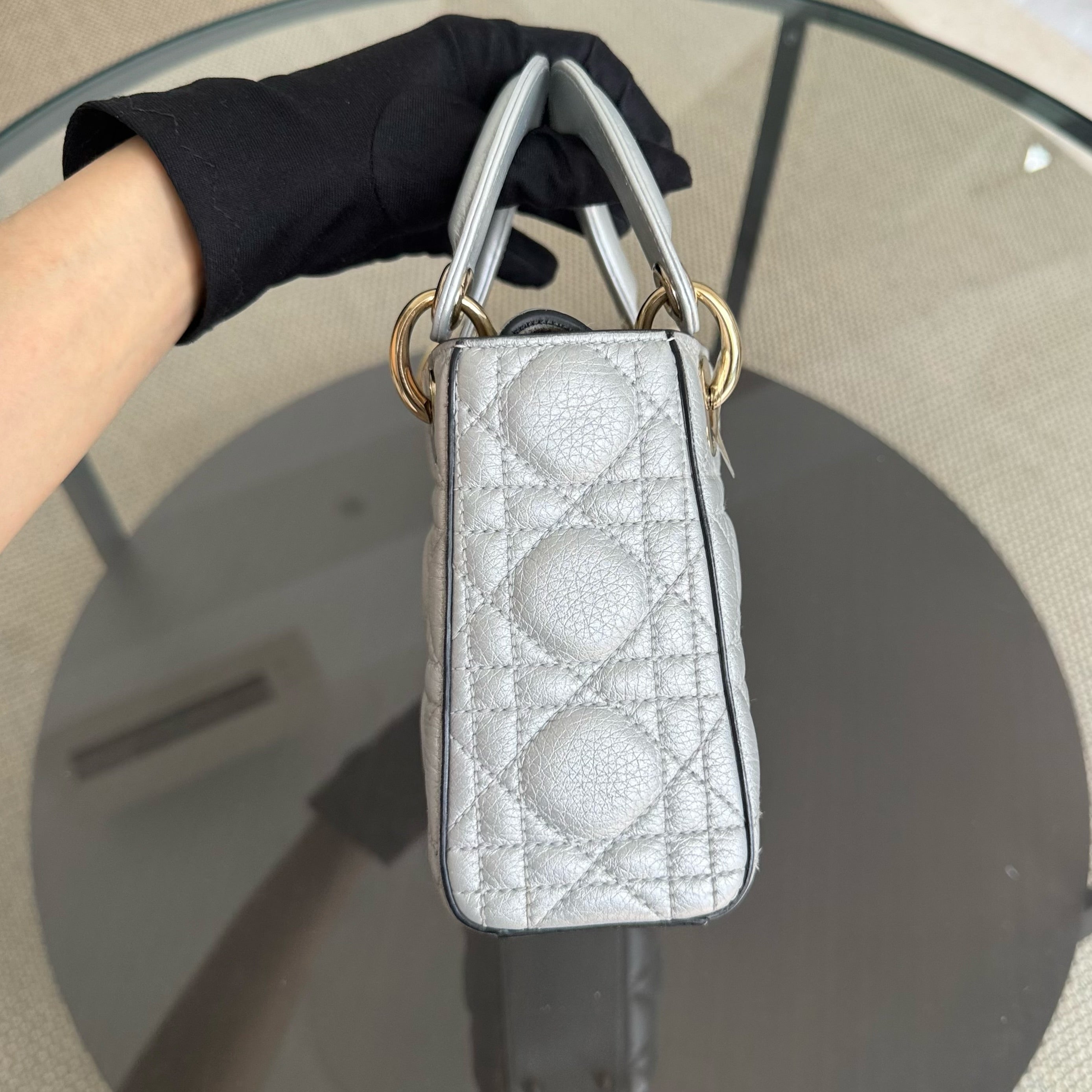 Dior Lady Mini - Cannage Caviar Gray Grey Gold Hardware