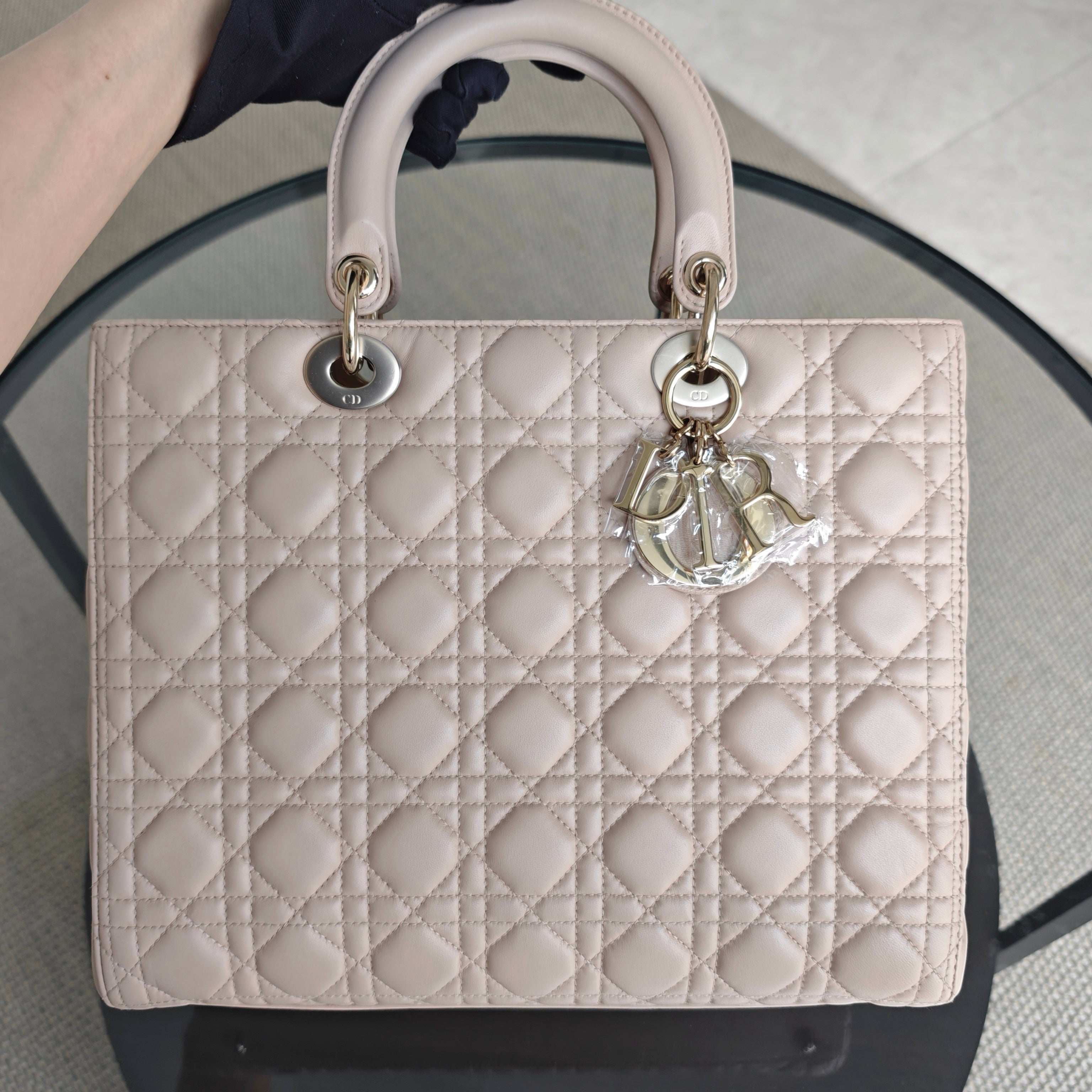 Dior Lady Large - Cannage Lambskin Light Pink Gold Hardware Adjustable Strap