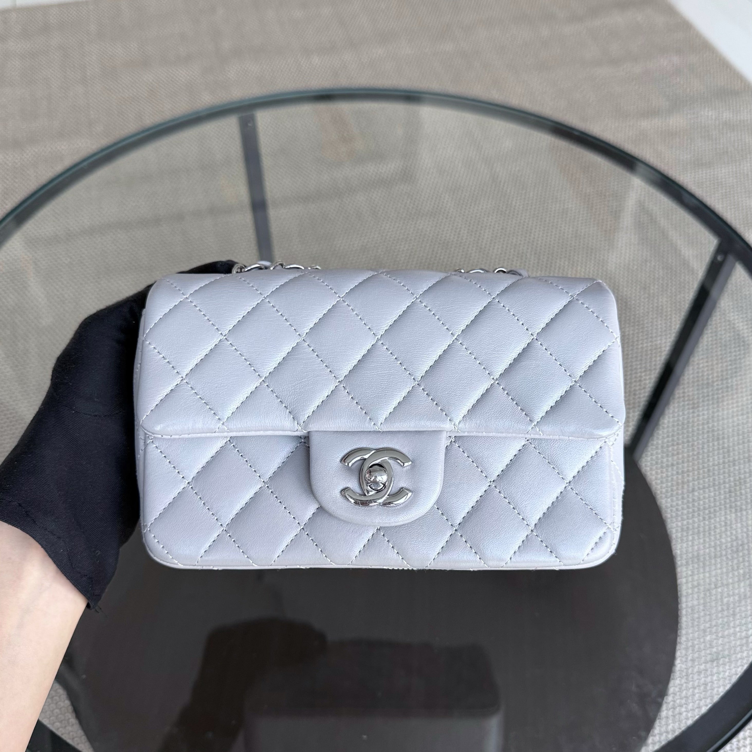 Chanel Lambskin Mini Rectangle Classic Flap - 20CM Quilted Gray Silver Hardware Microchip