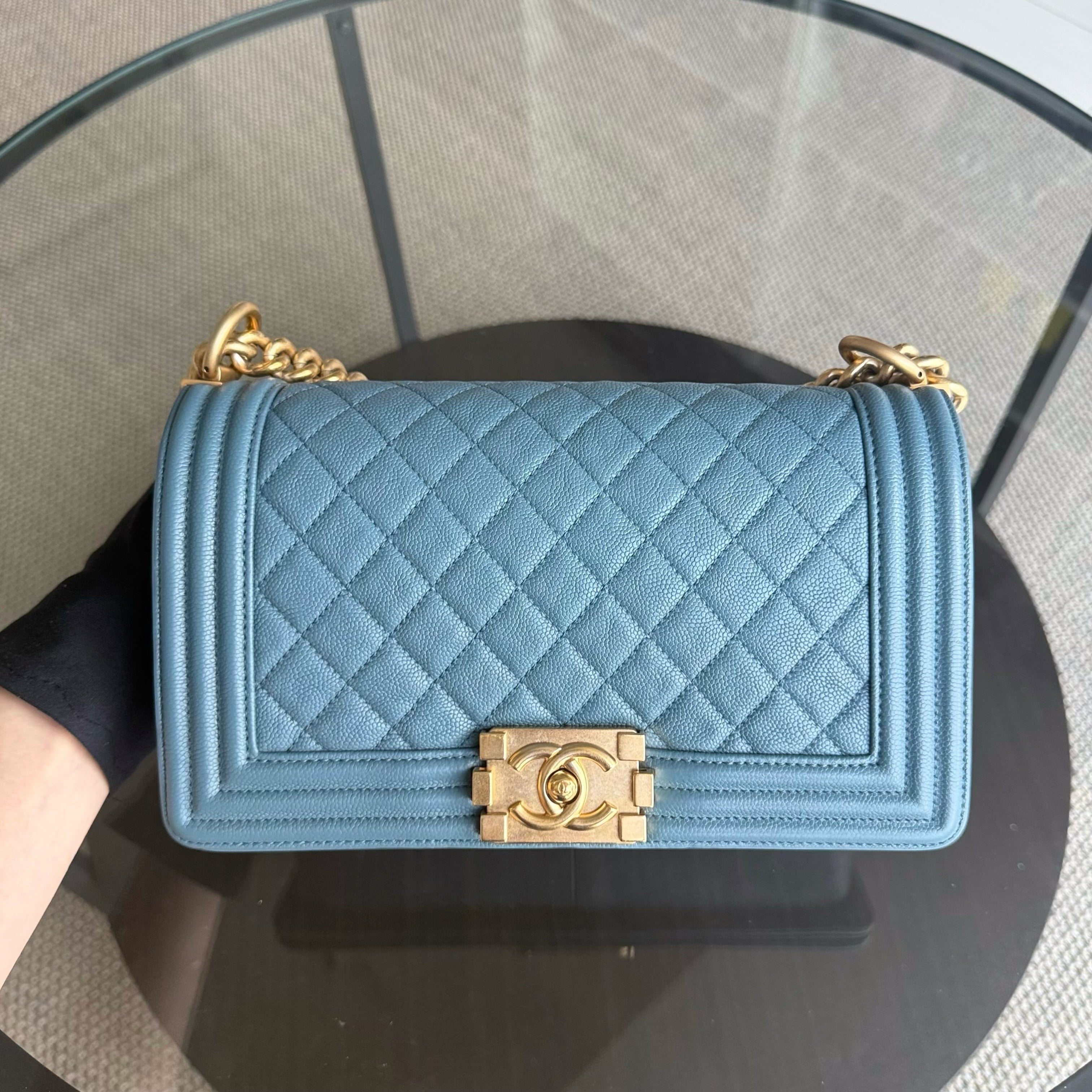 Chanel Boy Medium - Caviar 25CM Quilted Blue Gold Hardware 25