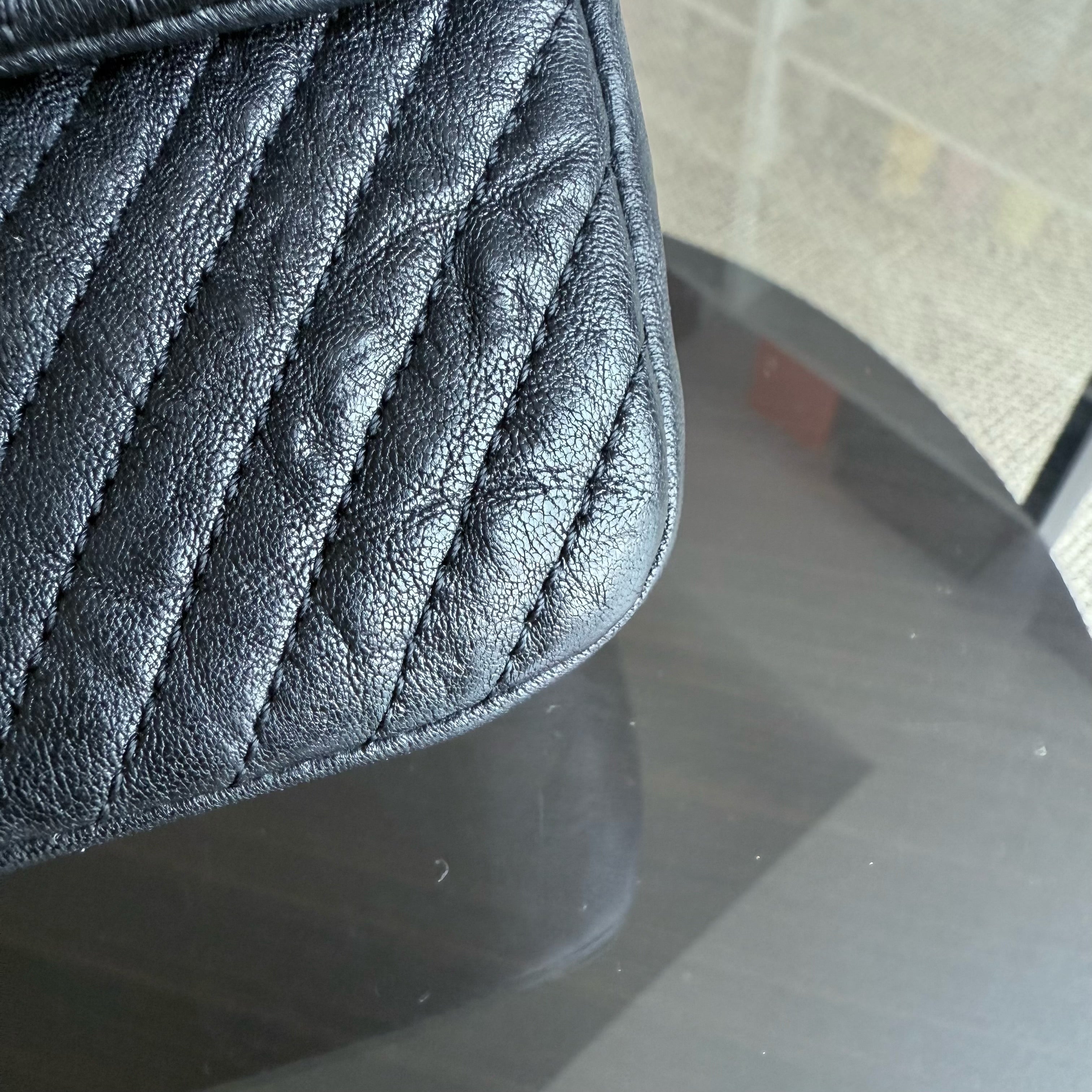 Chanel Seasonal Flap - Chevron Surpique CC Herringbone Medallion Calfskin Flap Black Gold Hardware Series 22