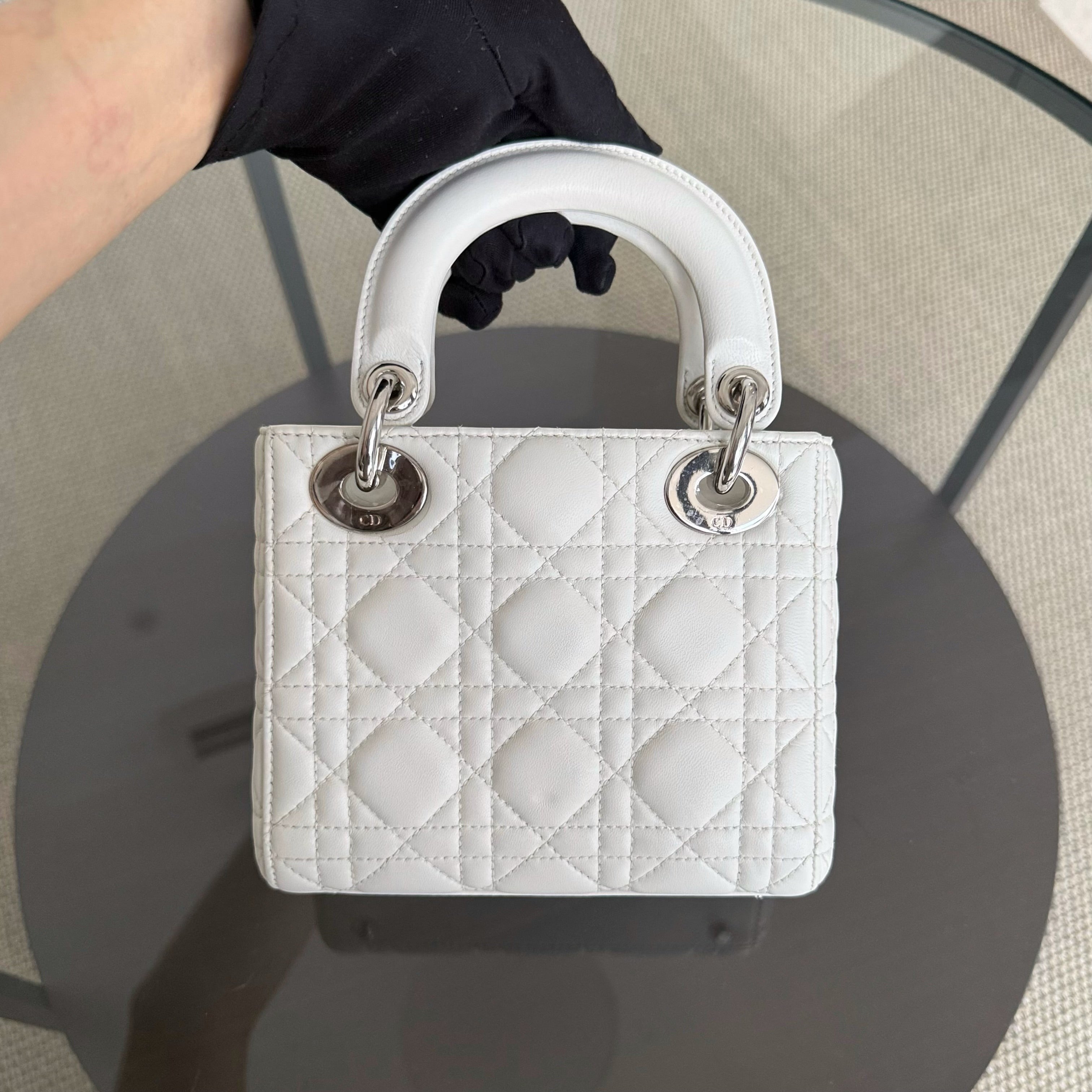 Dior Lady Mini - Cannage Lambskin White Silver Hardware Chain Strap