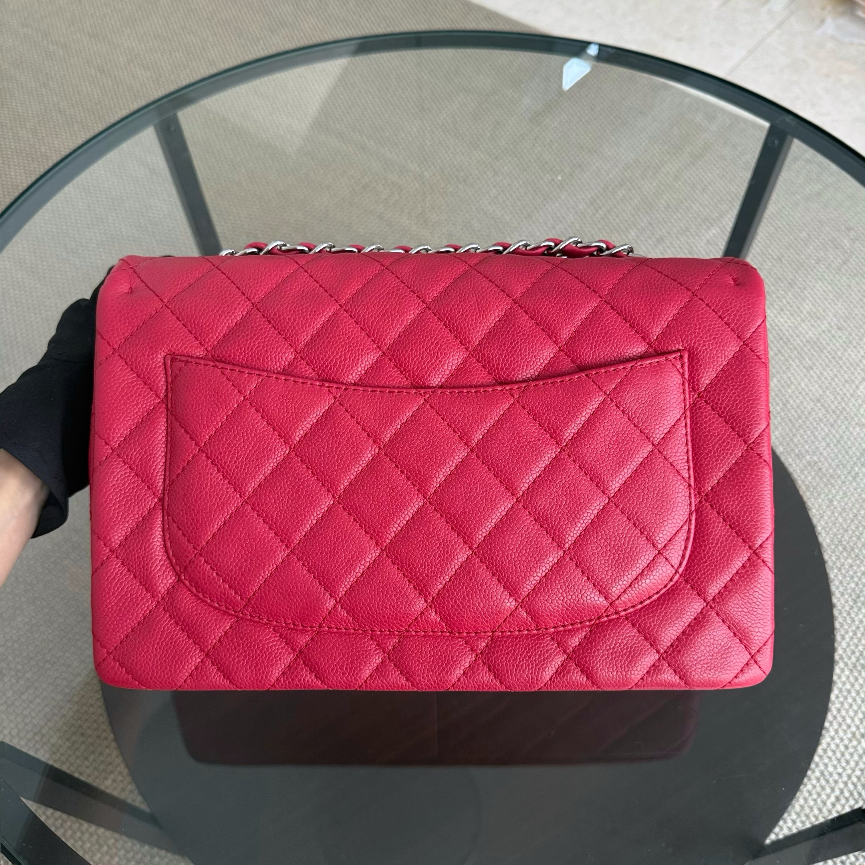 Chanel Classic Flap Jumbo - Caviar 30CM Single Flap Quilted Pink Red Silver Hardware Series 12