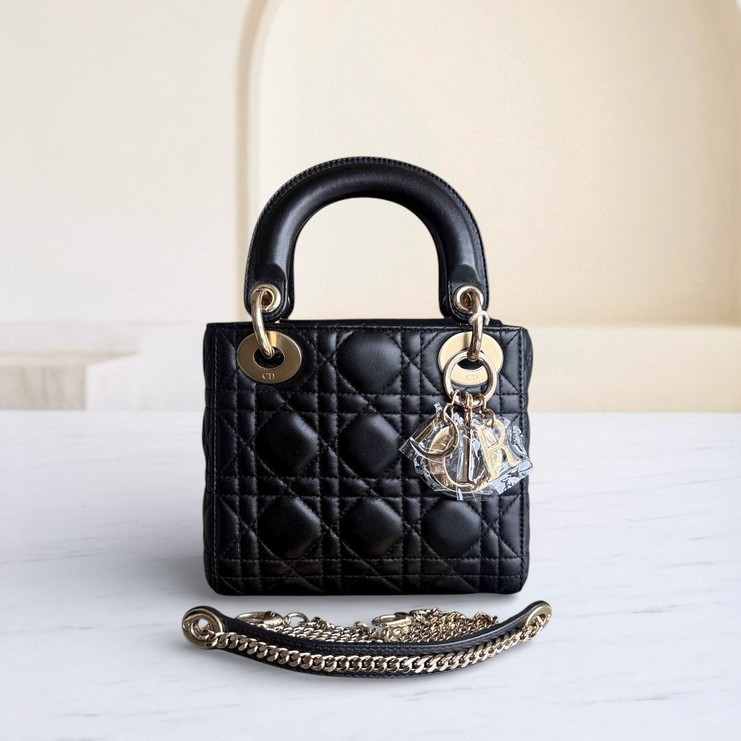 Dior Lady Mini - Cannage Lambskin Black Gold Hardware Chain Strap