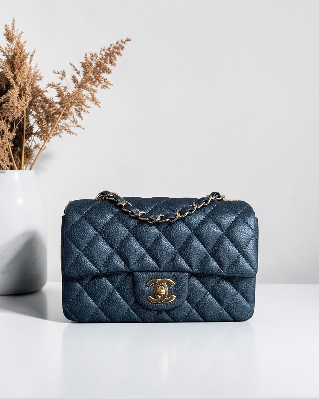 Chanel Caviar Mini Rectangle Classic Flap - 20CM Quilted Blue Gold Hardware Series 25