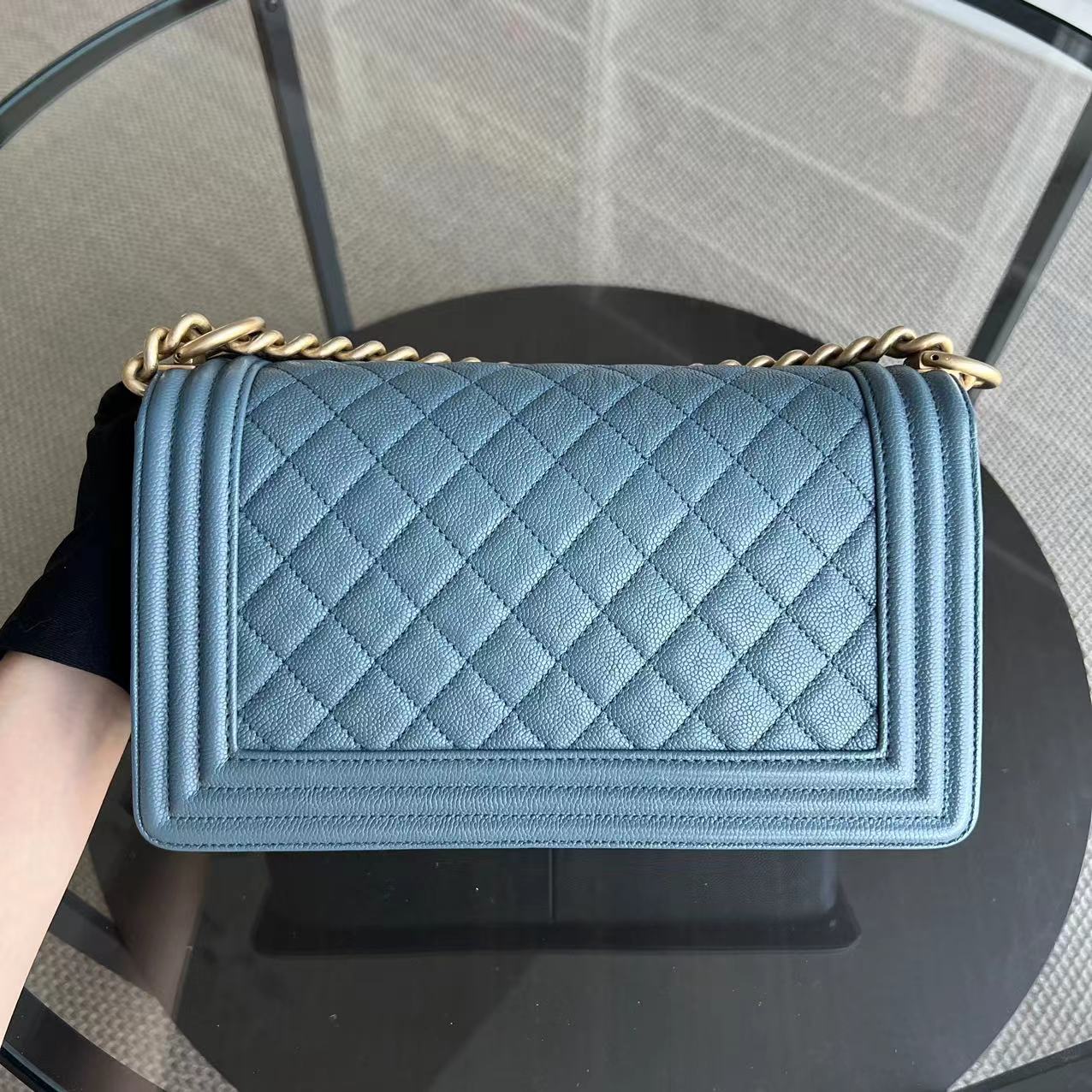 Chanel Caviar Boy Old Medium 25CM Quilted Grained Calfskin Blue Golden Hardware Series 25