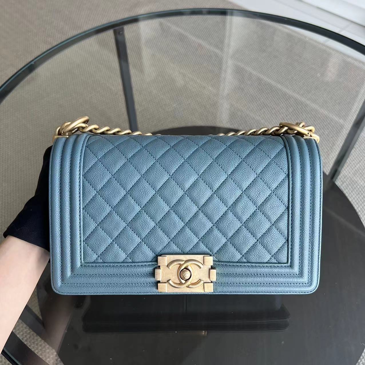 Chanel Caviar Boy Old Medium 25CM Quilted Grained Calfskin Blue Golden Hardware Series 25