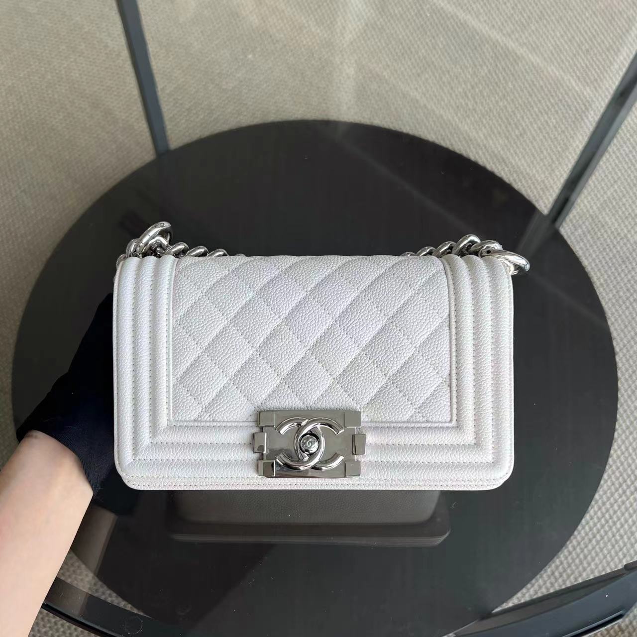 Caviar Boy Small Quilted Grained Calfskin White Silver Hardware Series 25