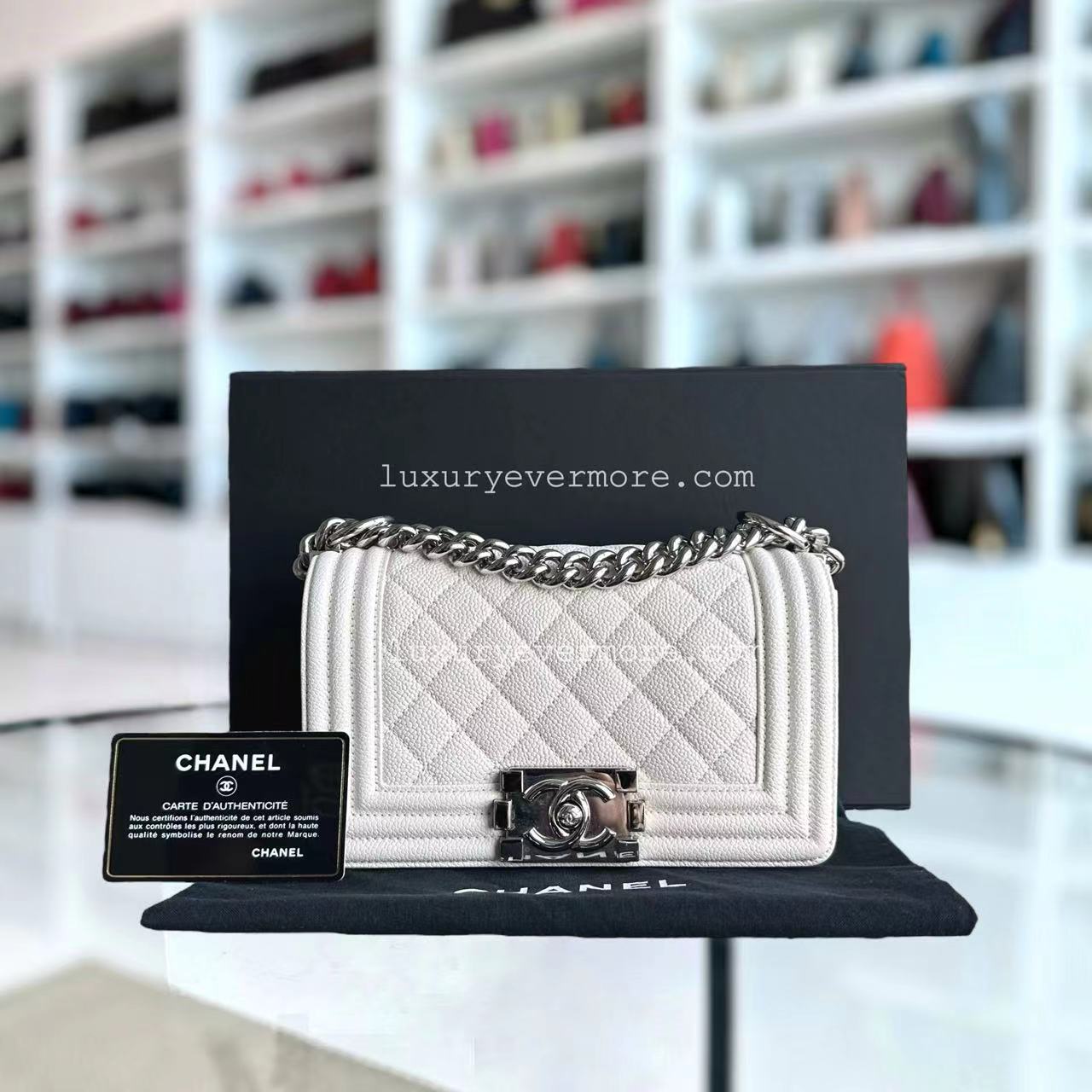 Caviar Boy Small Quilted Grained Calfskin White Silver Hardware Series 25