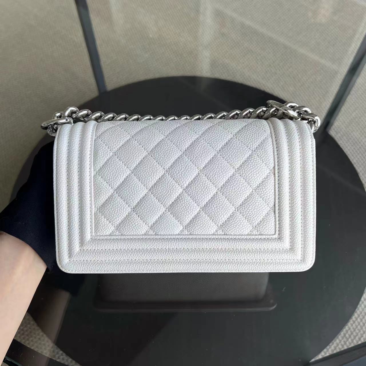 Caviar Boy Small Quilted Grained Calfskin White Silver Hardware Series 25