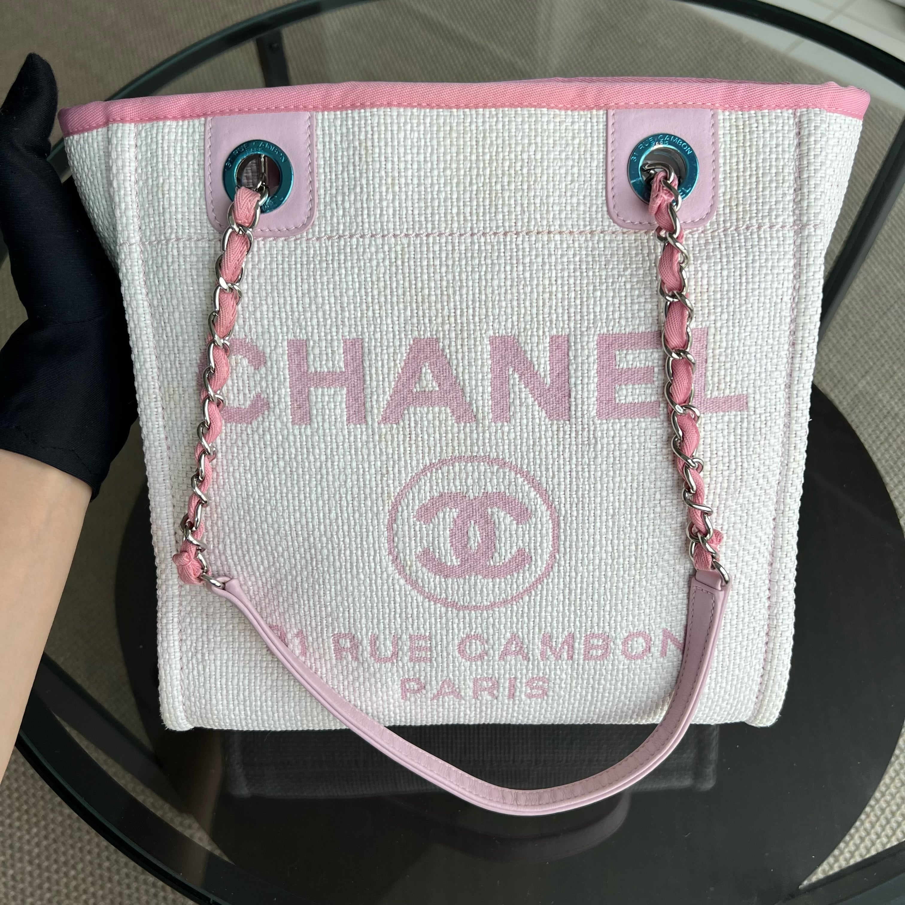 Chanel Deauville Mini - Tote Pink Fabric Silver Hardware Series 21