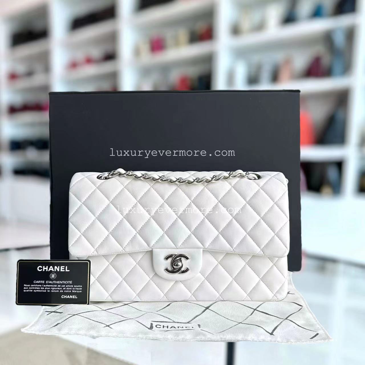 Chanel Medium Classic Flap Double Flap Lambskin White Quilted Silver Hardware Series 22