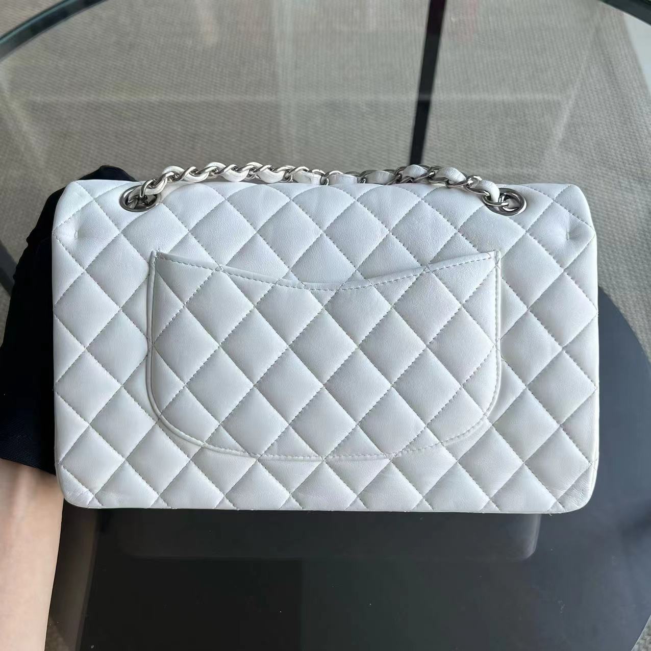 Double Flap Lambskin White Quilted Silver Hardware Series 22