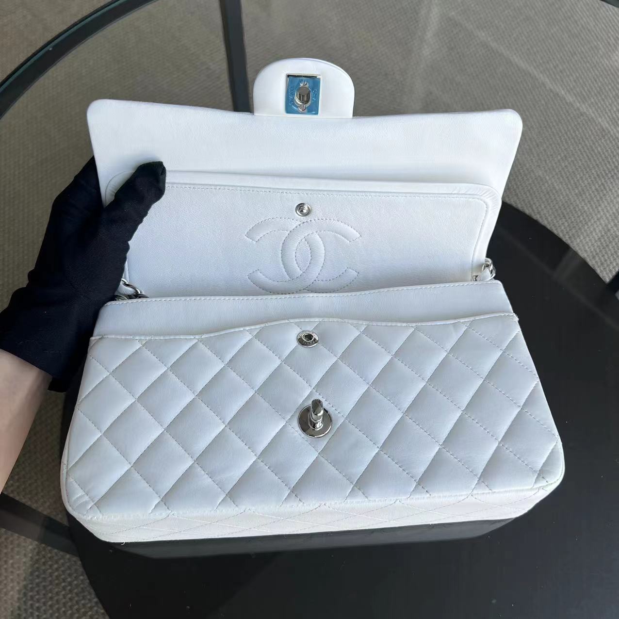 Double Flap Lambskin White Quilted Silver Hardware Series 22