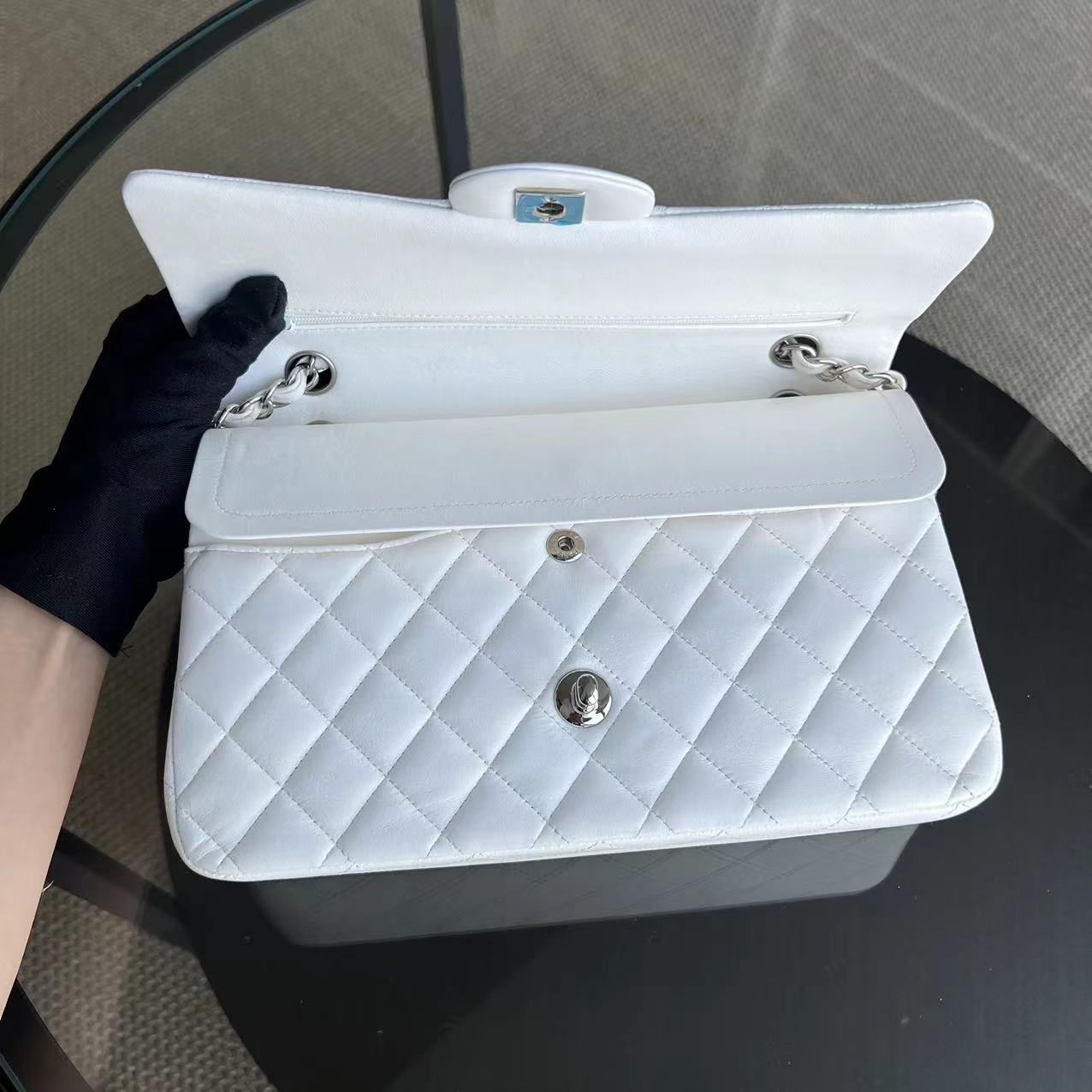 Double Flap Lambskin White Quilted Silver Hardware Series 22