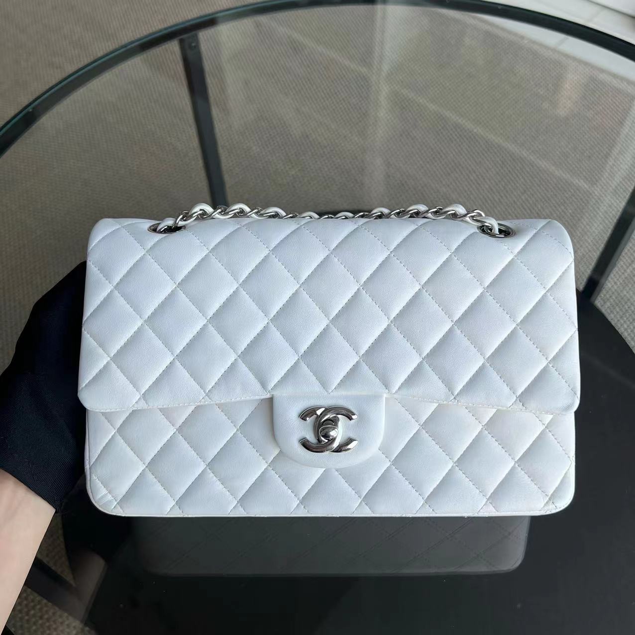 Double Flap Lambskin White Quilted Silver Hardware Series 22