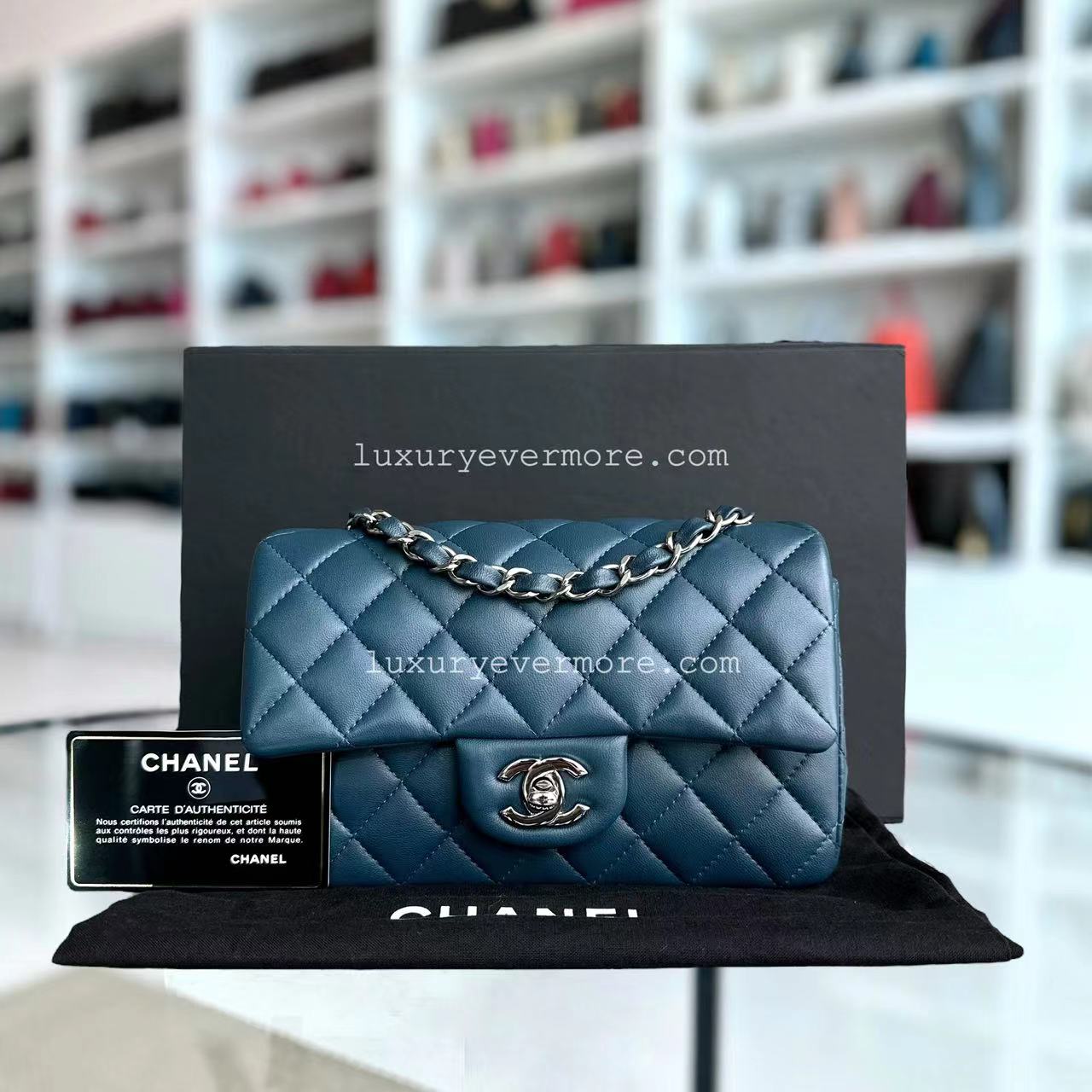 Chanel Mini Rectangle Classic Flap 20CM Quilted Lambskin Dark Blue Silver Hardware Series 28