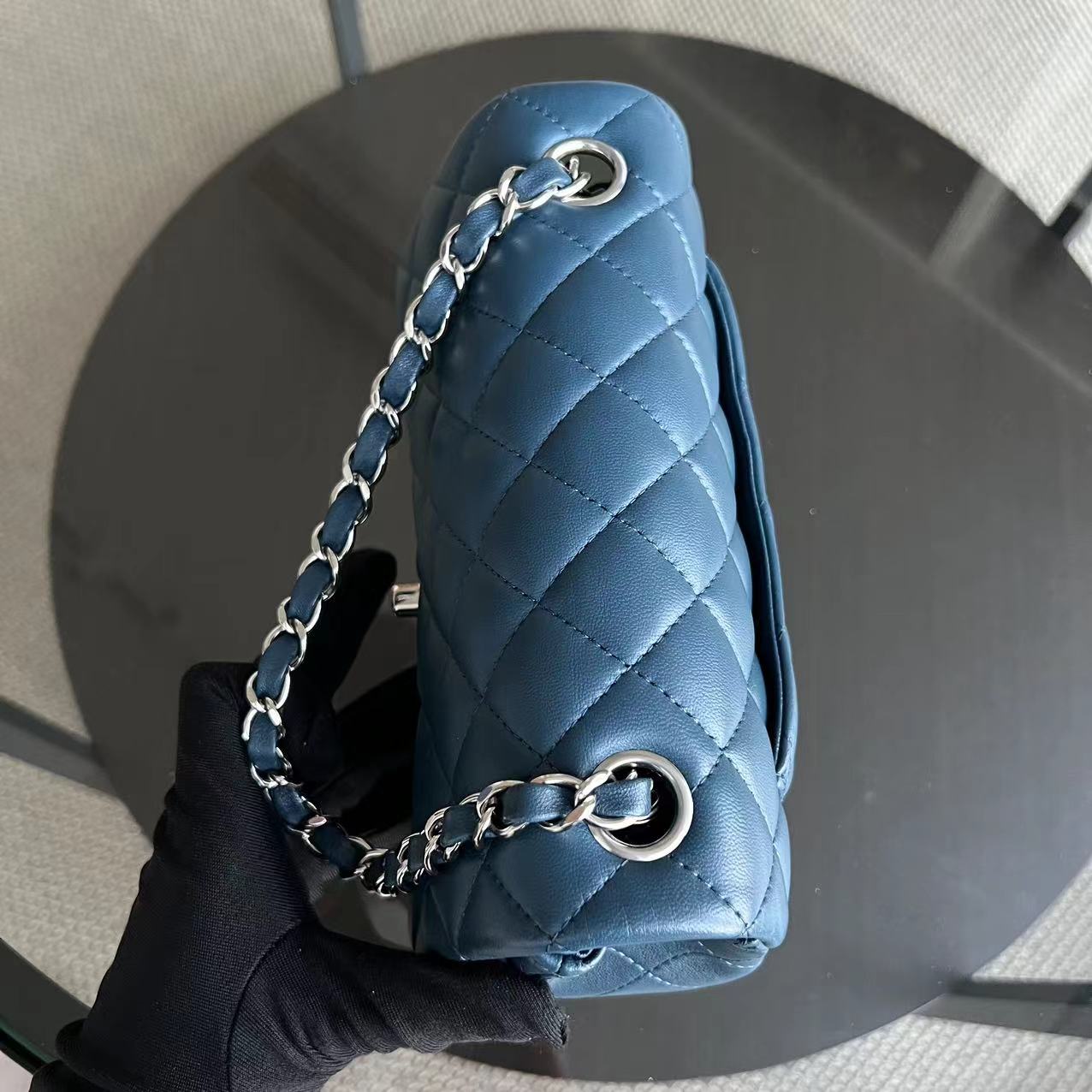 Chanel Mini Rectangle Classic Flap 20CM Quilted Lambskin Dark Blue Silver Hardware Series 28