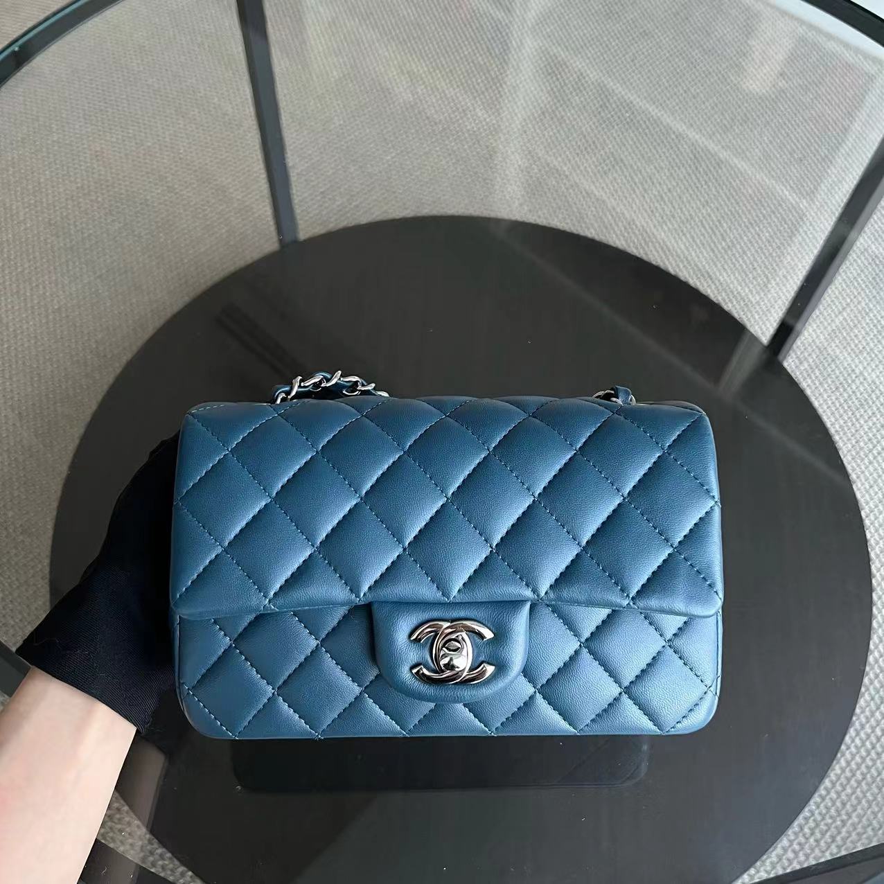 Chanel Mini Rectangle Classic Flap 20CM Quilted Lambskin Dark Blue Silver Hardware Series 28