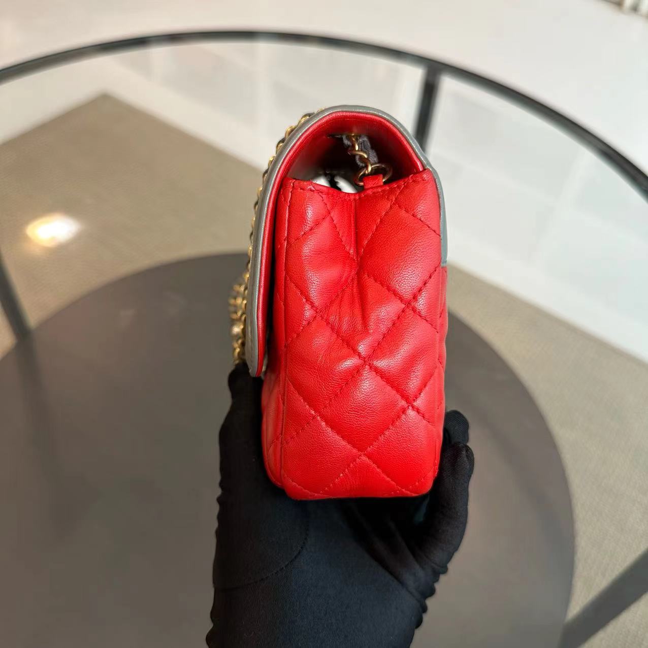 Chanel Seasonal Flap - Two Tone Quilted Lambskin Red Grey Golden Hardware Series 23