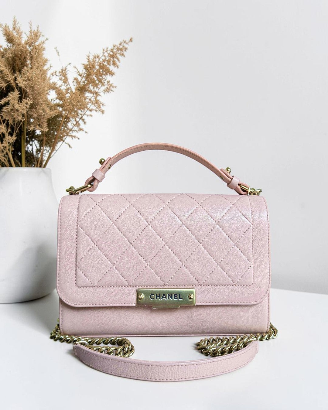 Chanel Label Click Medium - 25CM Quilted Grained Calfskin Light Pink Gold Hardware Series 23