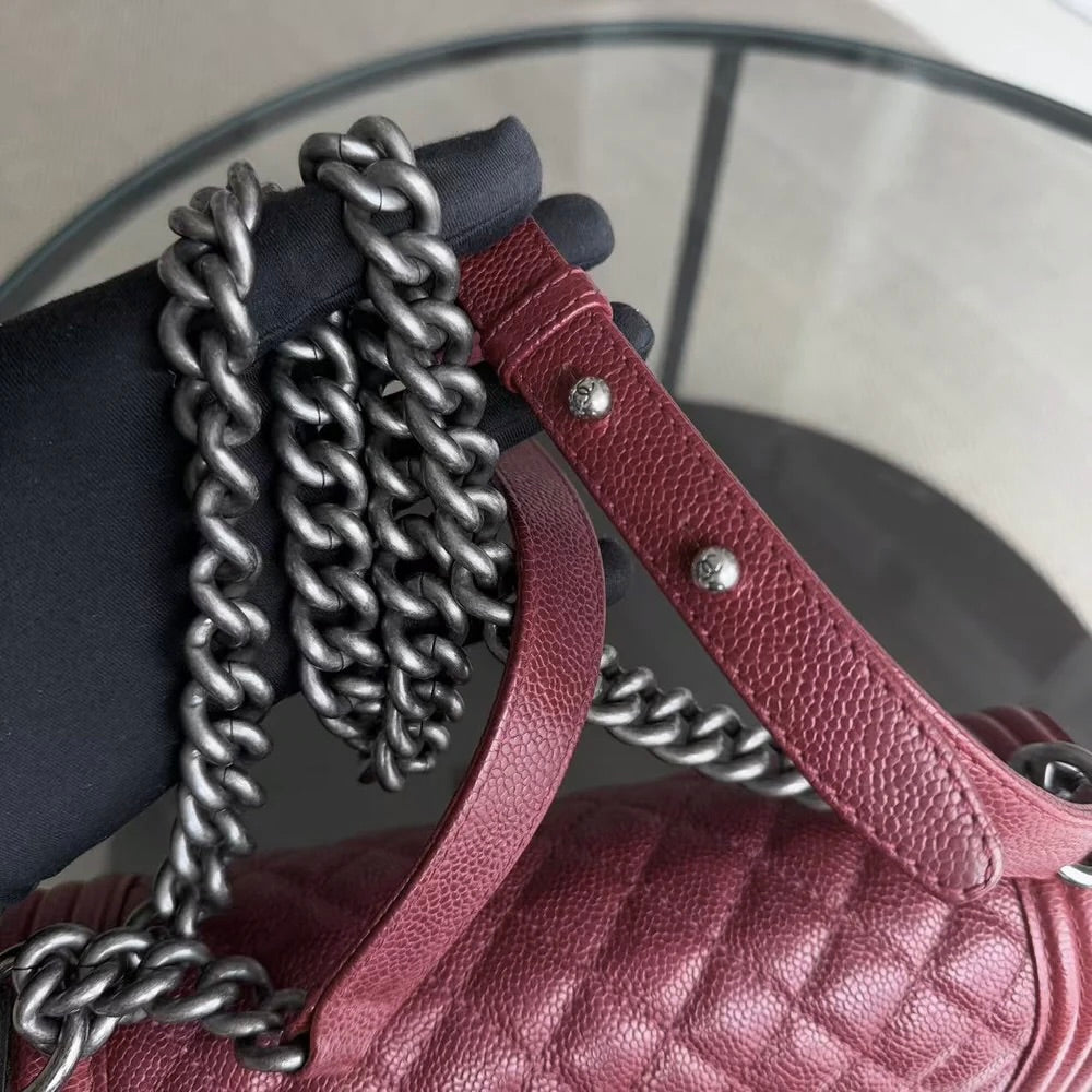 Chanel Boy Medium - Caviar 25CM Quilted Burgundy Dark Red Ruthenium Silver Hardware Series 19