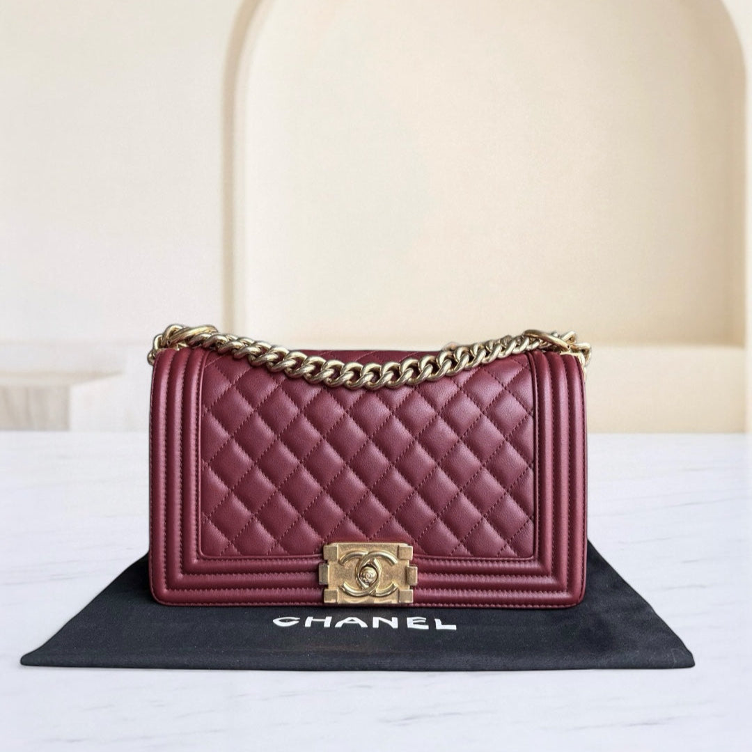 Chanel Boy Medium - 25CM Quilted Calfskin Burgundy Red Gold Hardware Series 23