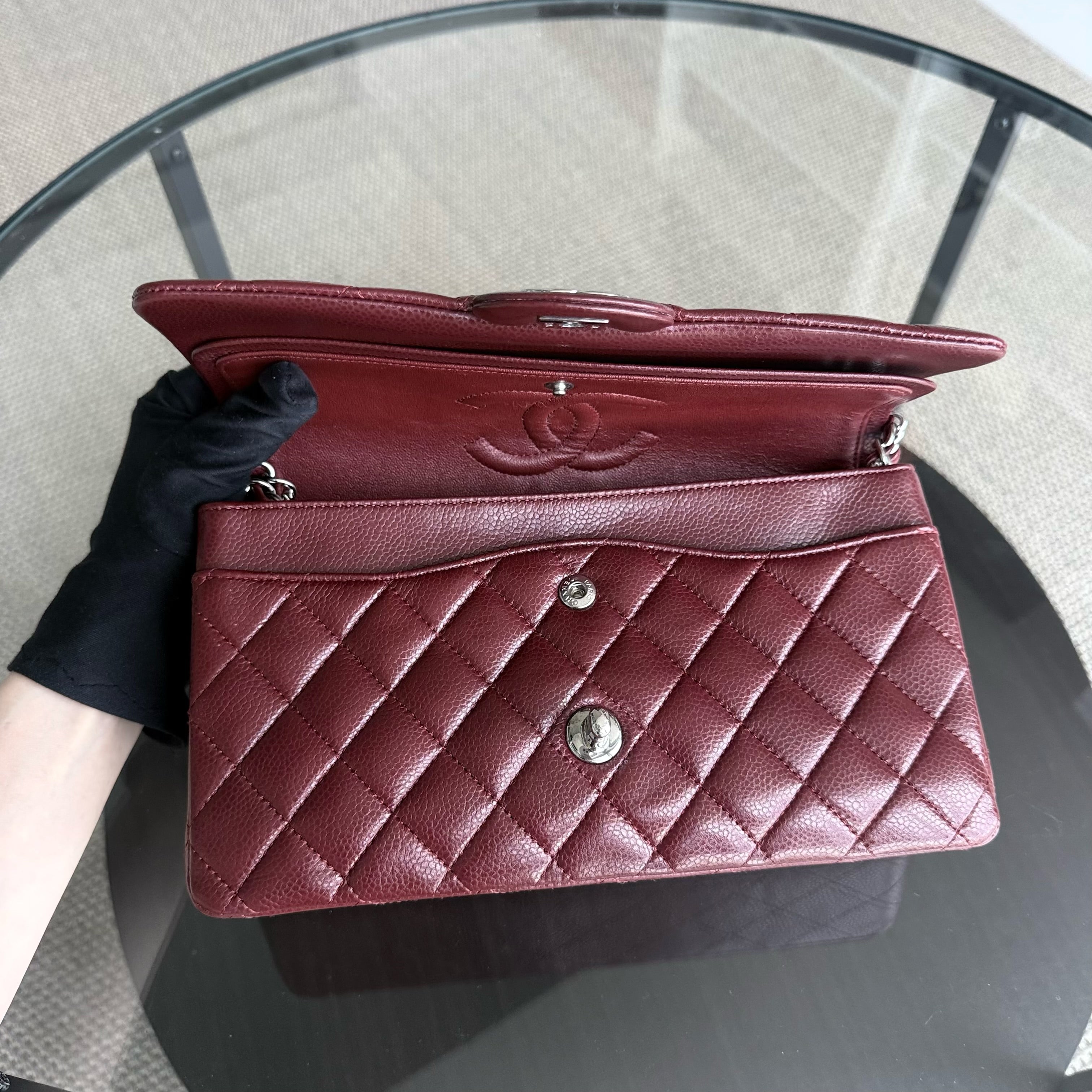 Chanel Classic Flap Medium - Caviar 25CM Quilted Grained Calfskin Burgundy Dark Red Silver Hardware Series 15